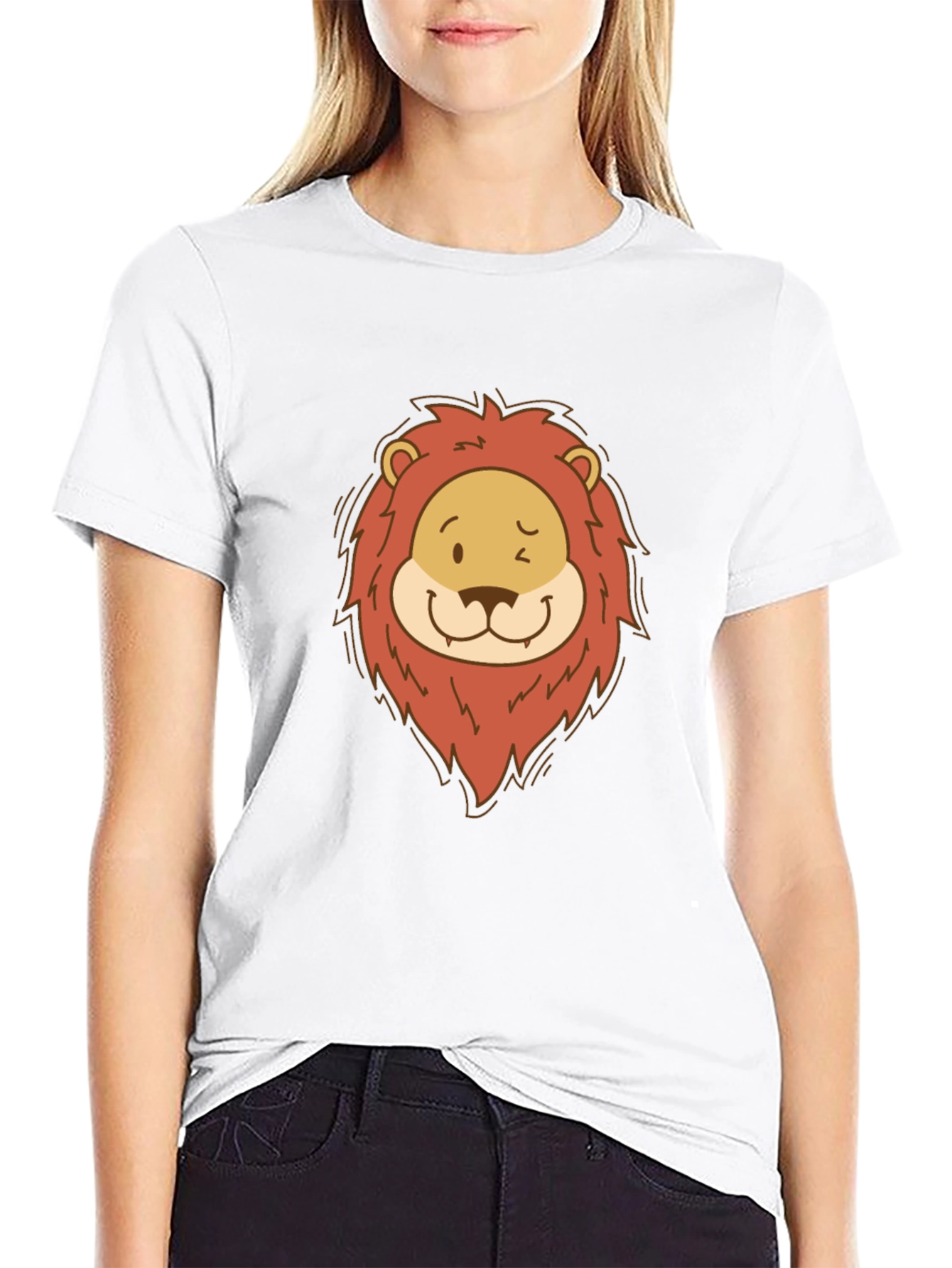Cartoon Lion Graphic Tee - Black Cotton T-Shirt