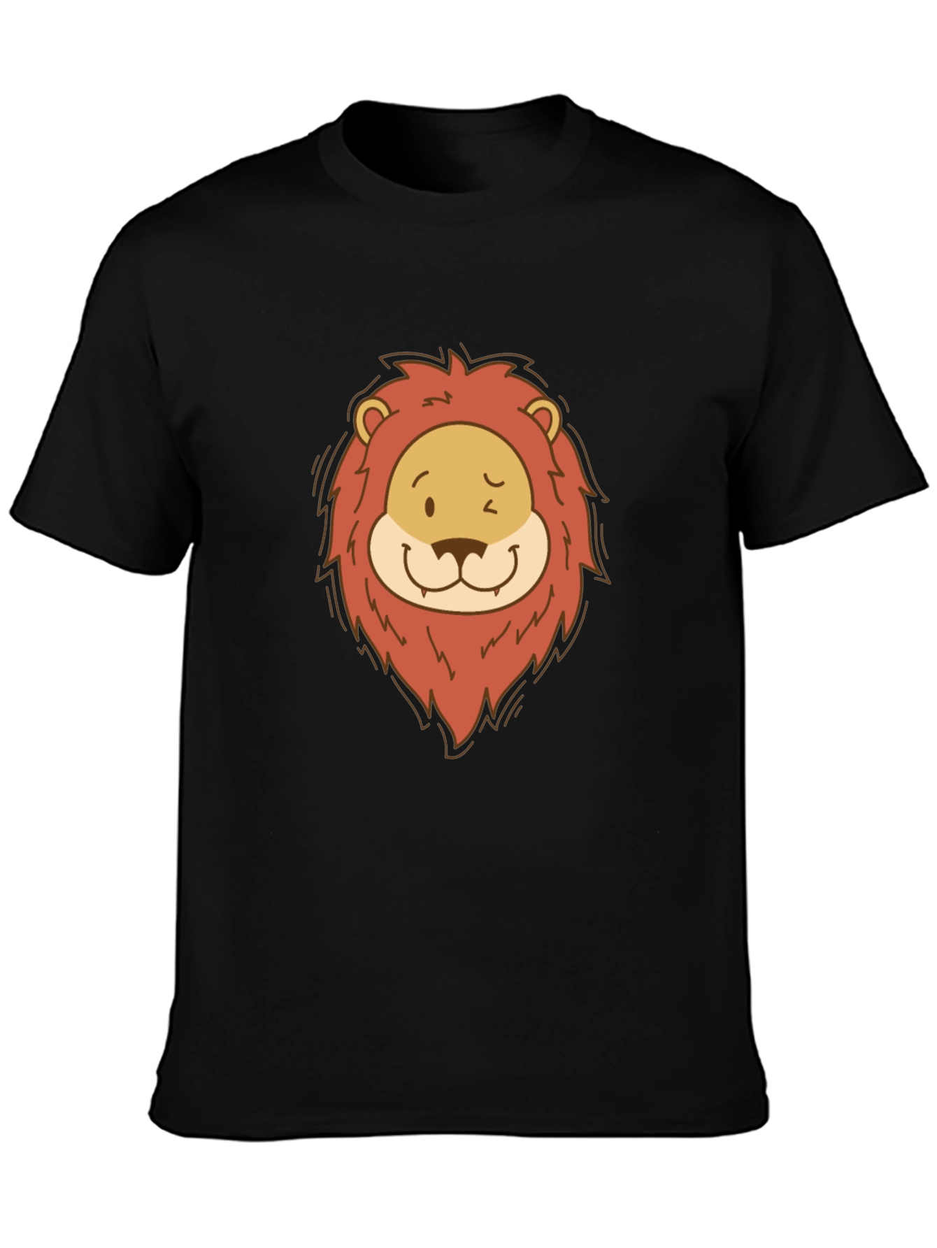 Cartoon Lion Graphic Tee - Black Cotton T-Shirt
