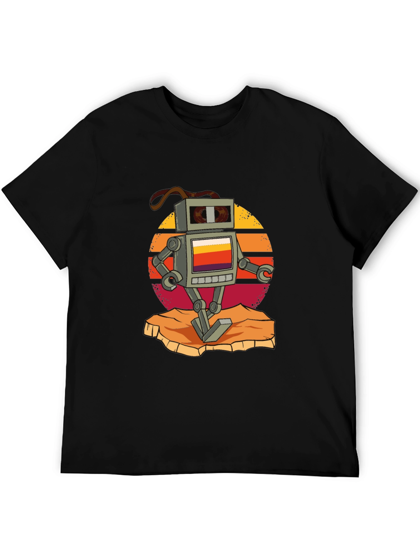 Retro Robot Graphic Tee - Black Cotton T-Shirt