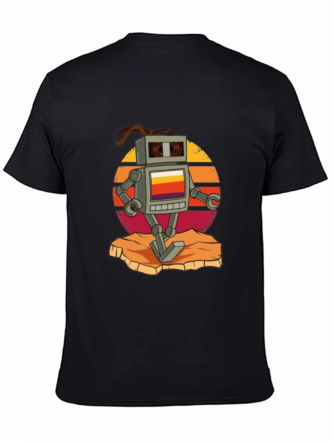 Retro Robot Graphic Tee - Black Cotton T-Shirt