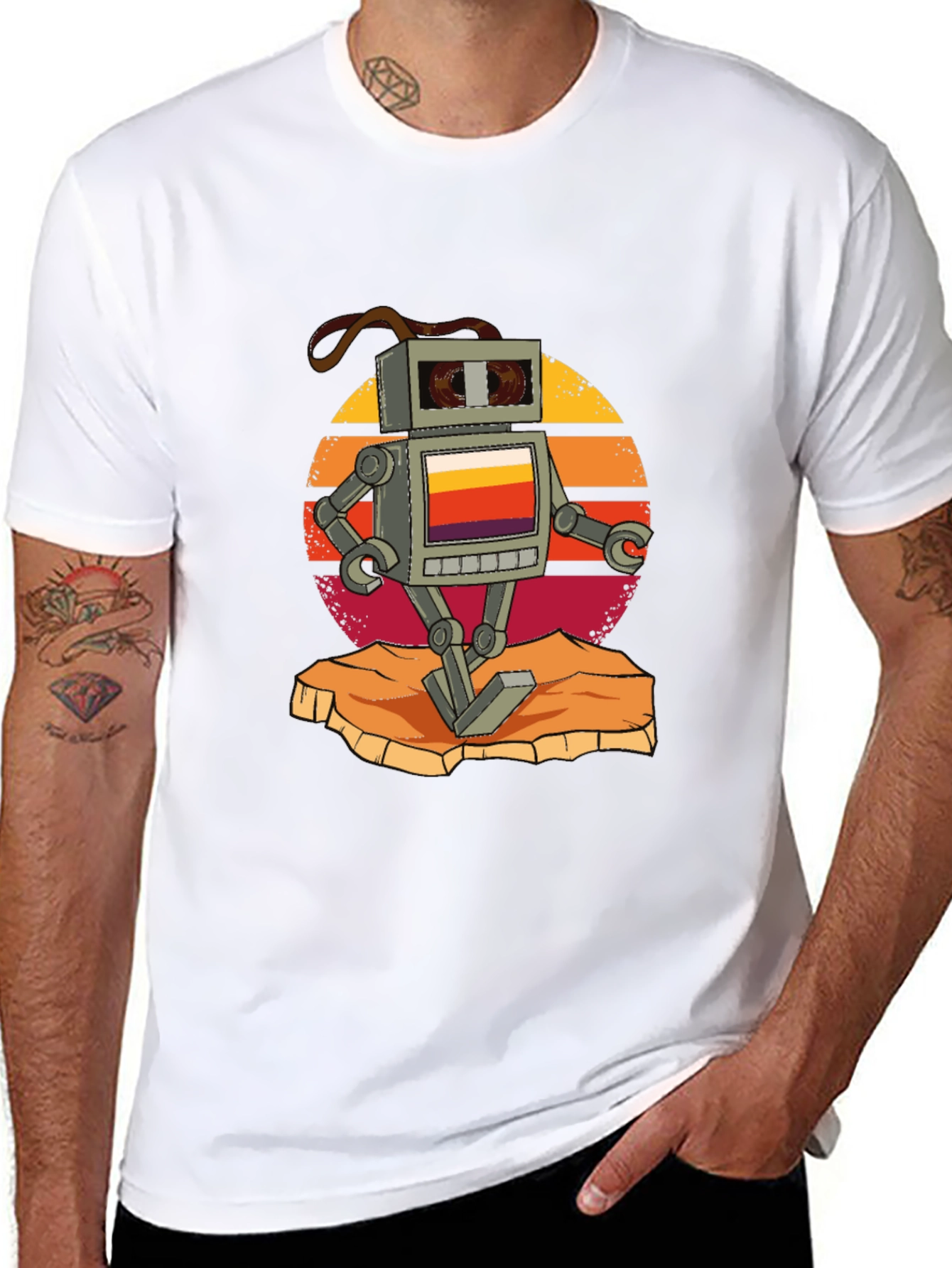 Retro Robot Graphic Tee - Black Cotton T-Shirt