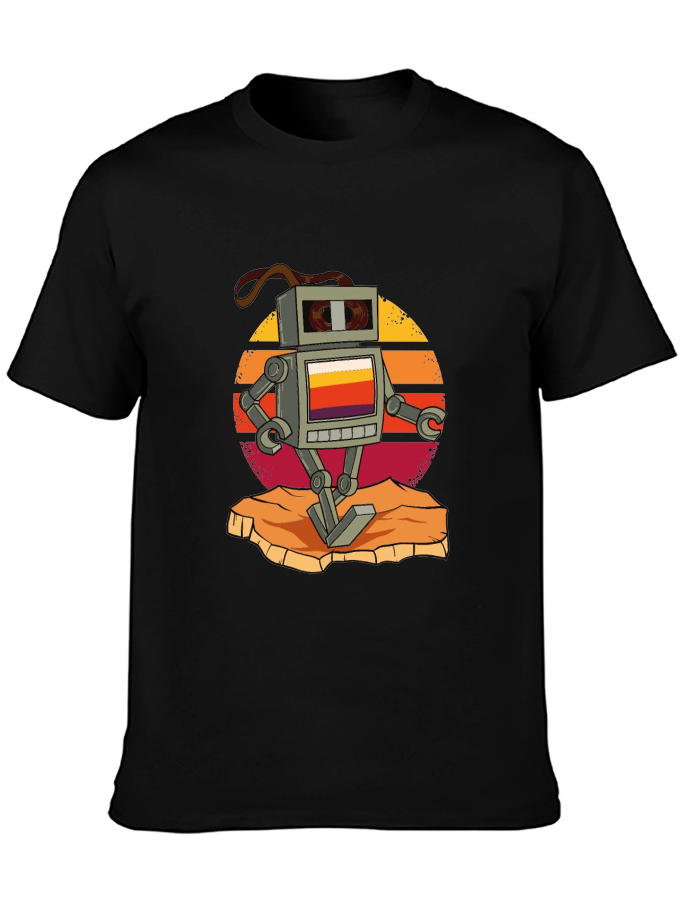 Retro Robot Graphic Tee - Black Cotton T-Shirt