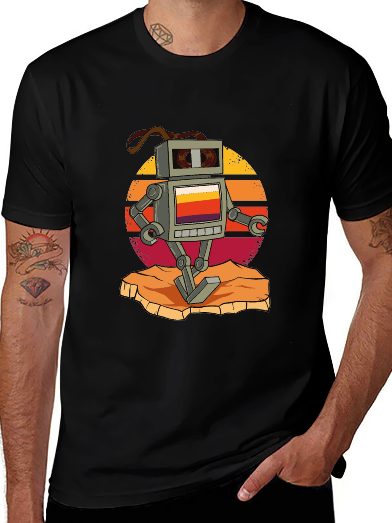 Retro Robot Graphic Tee - Black Cotton T-Shirt