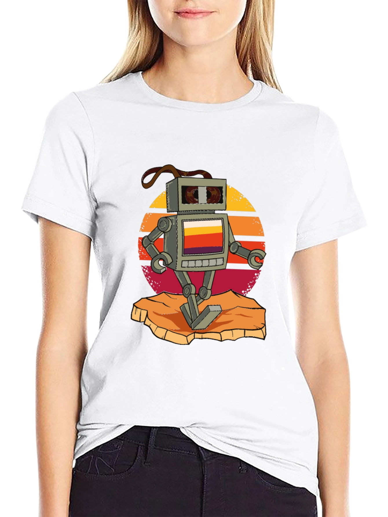 Retro Robot Graphic Tee - Black Cotton T-Shirt