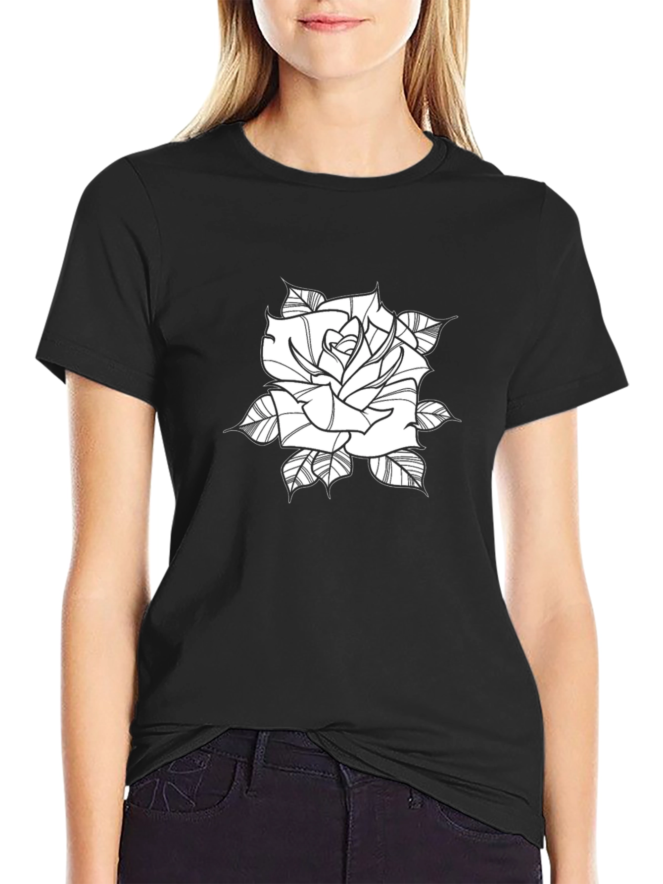 Black Tee with Rose Graphic