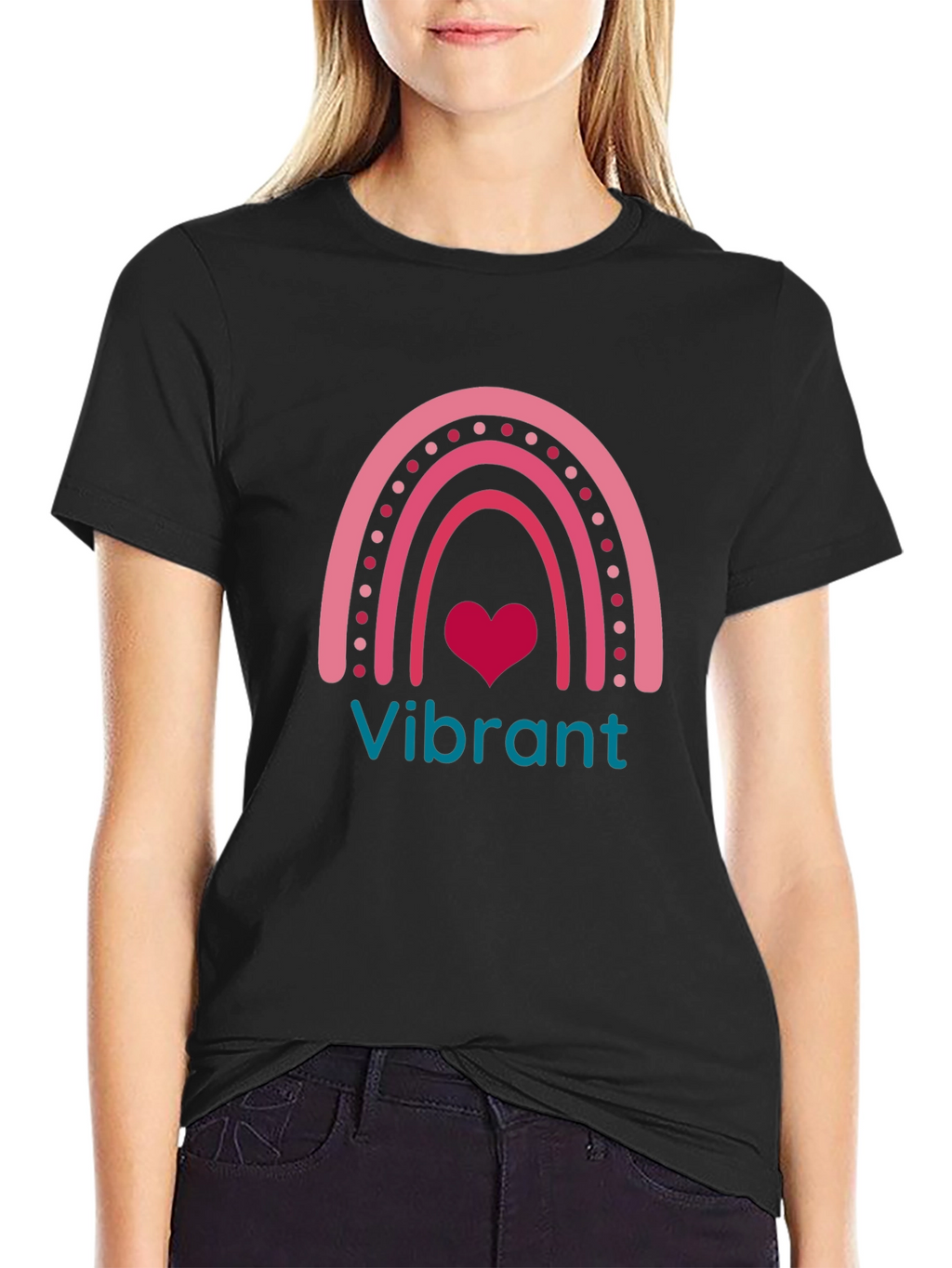 Vibrant Rainbow Heart Graphic Tee - Black
