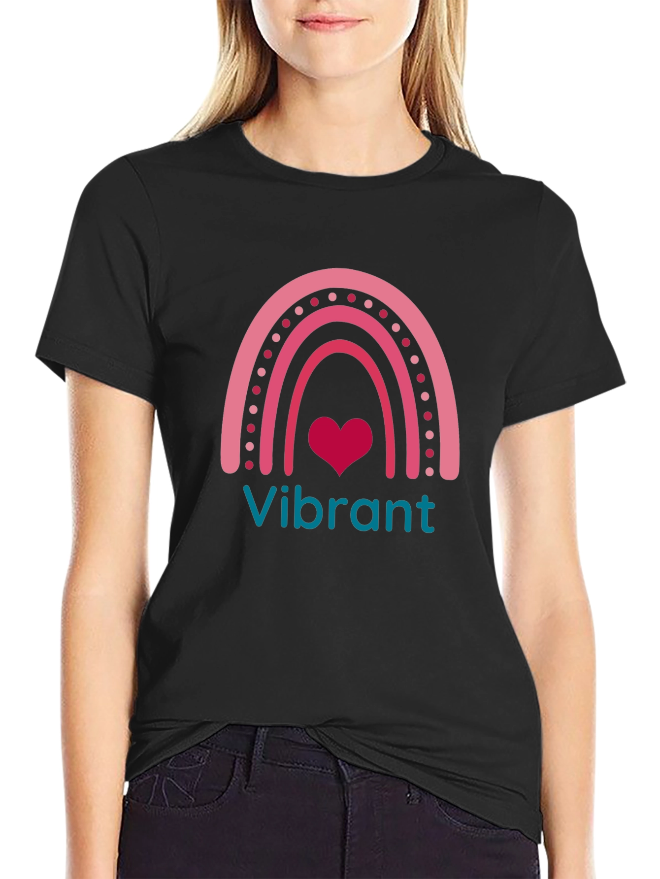 Vibrant Rainbow Heart Graphic Tee - Black