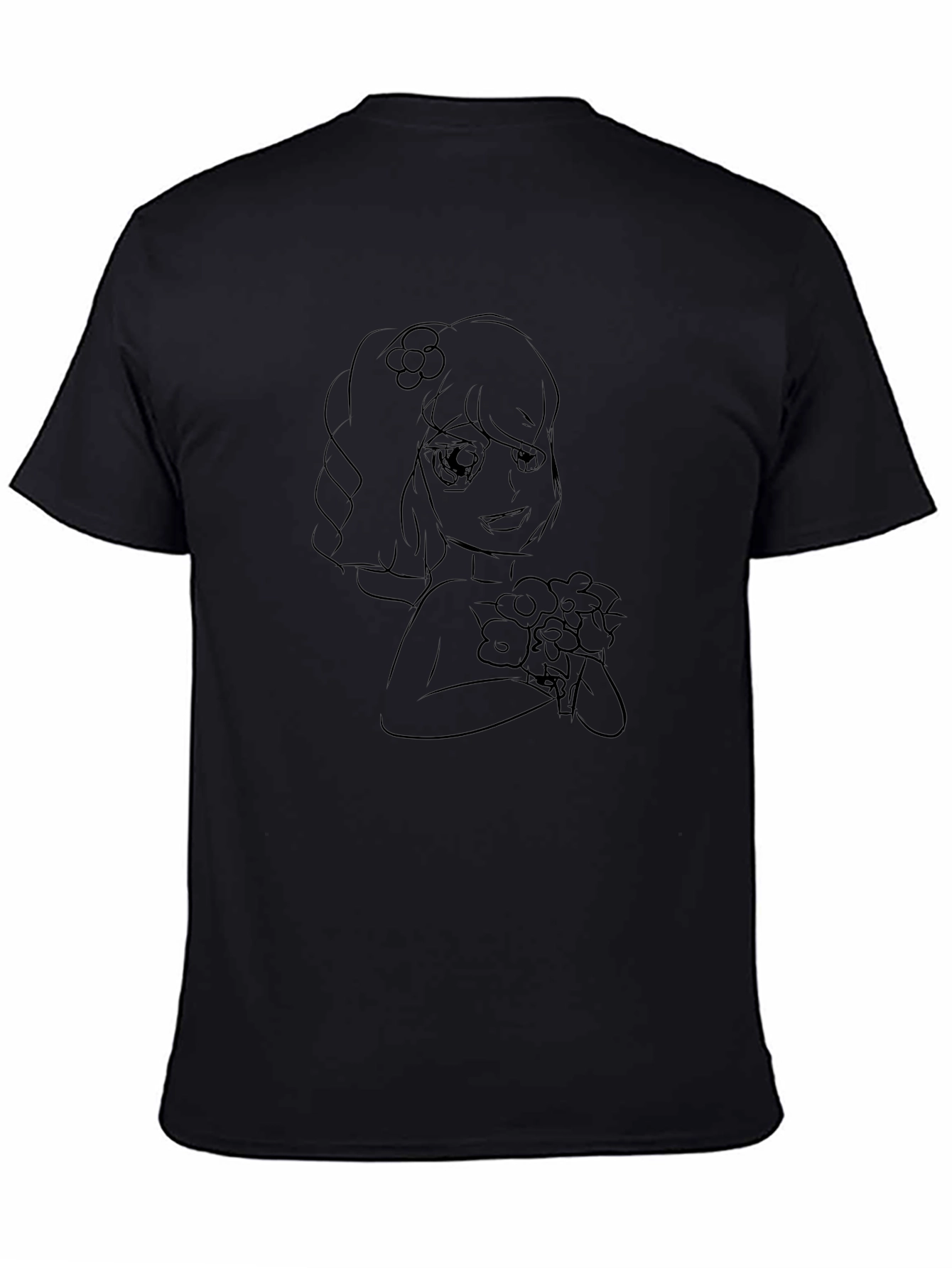 Black T-Shirt with Floral Anime Girl Design