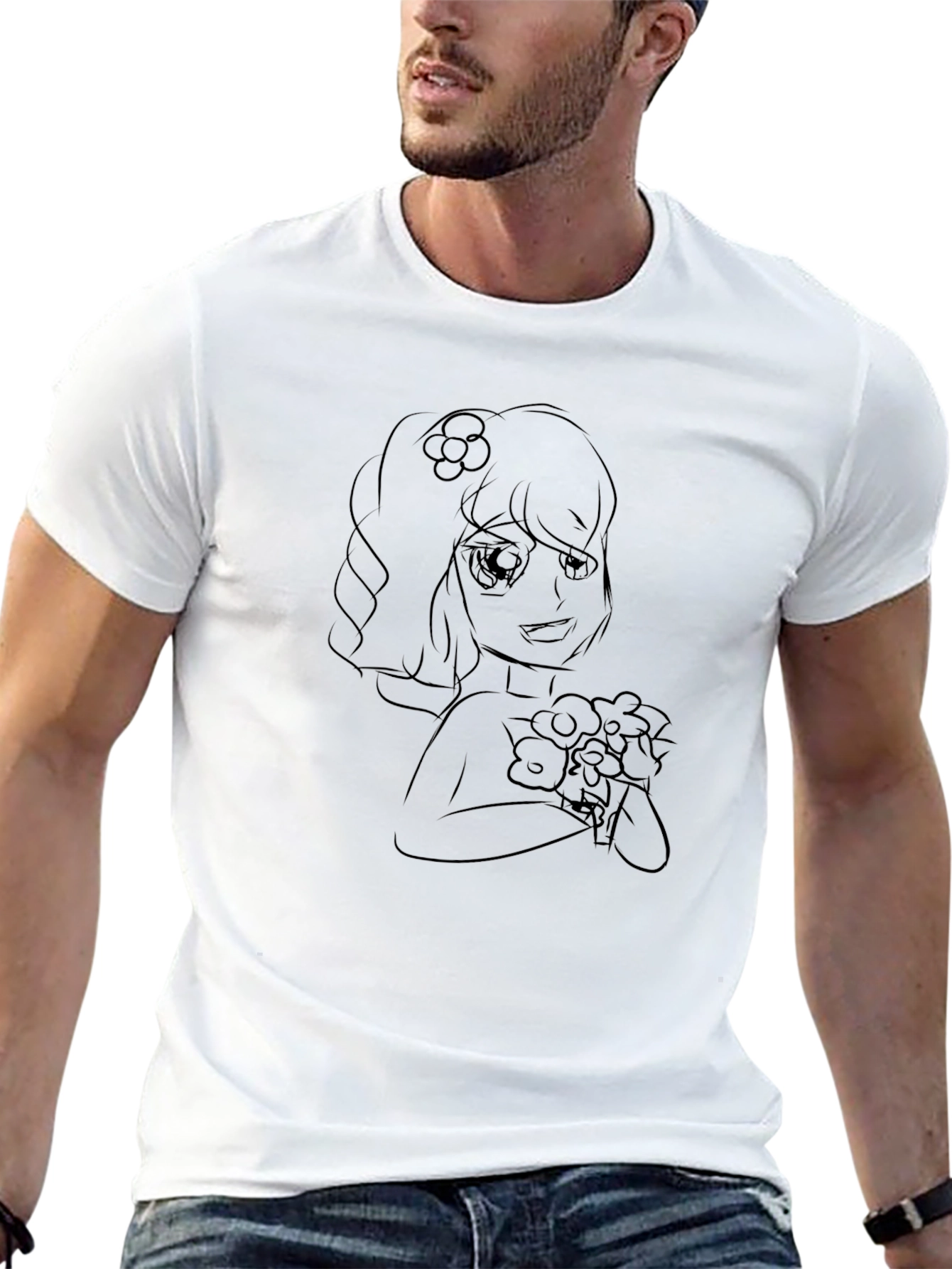 Black T-Shirt with Floral Anime Girl Design