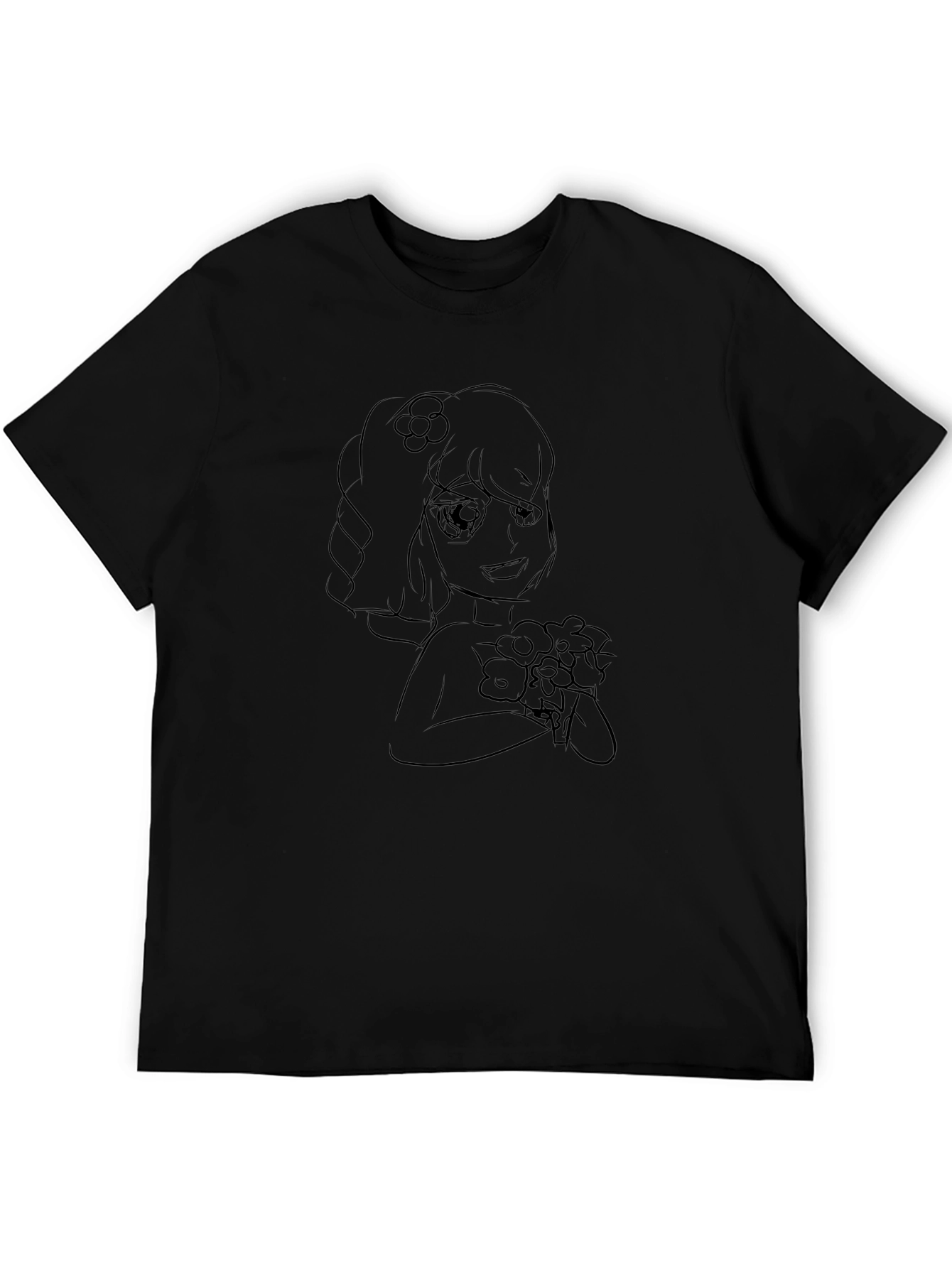Black T-Shirt with Floral Anime Girl Design