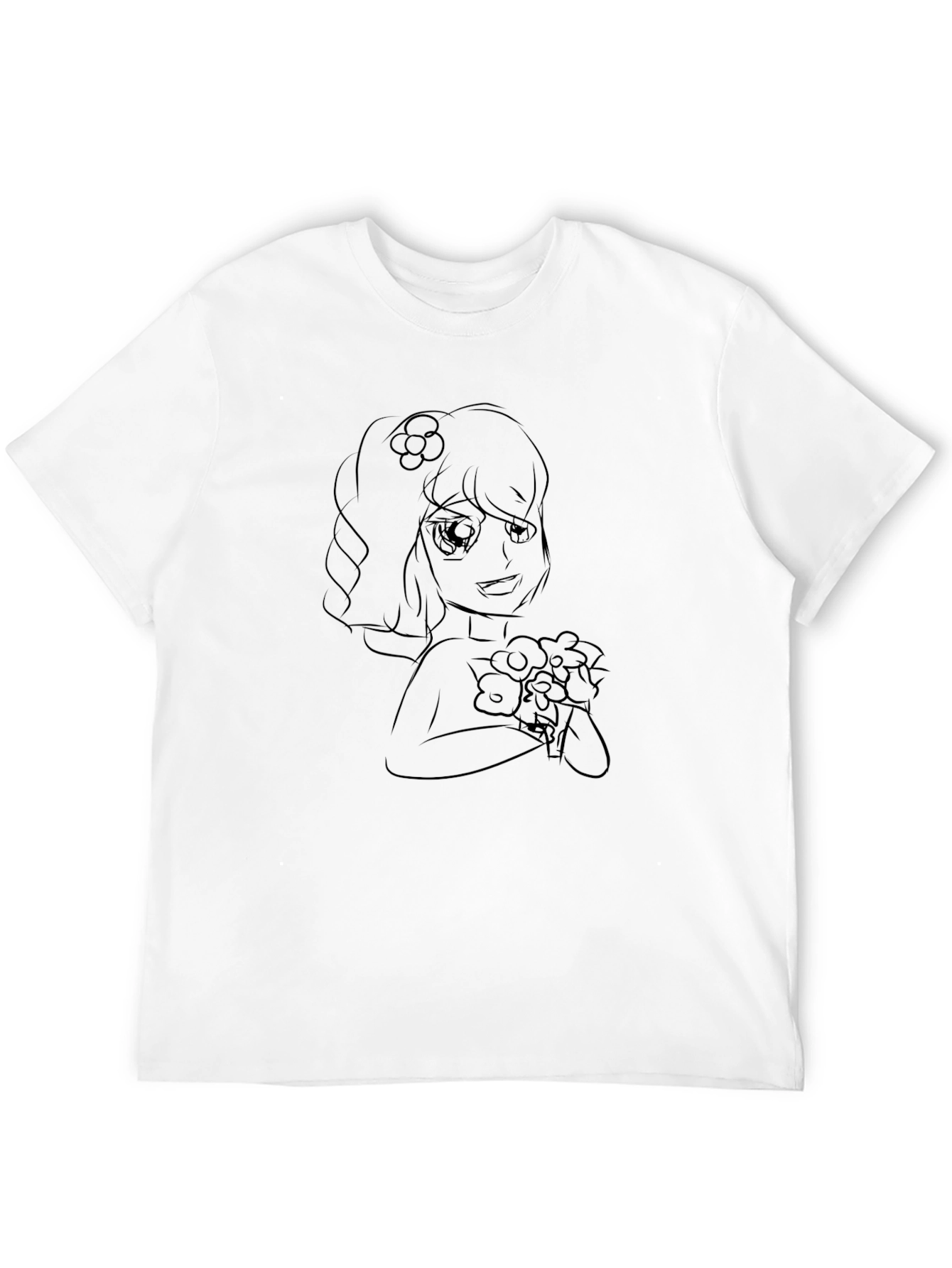 Black T-Shirt with Floral Anime Girl Design