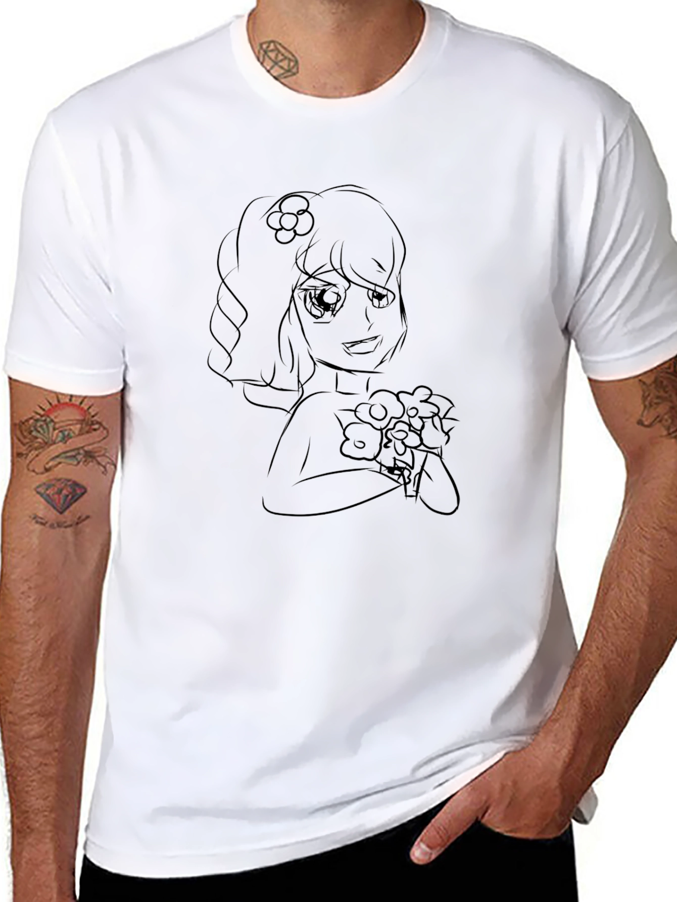 Black T-Shirt with Floral Anime Girl Design