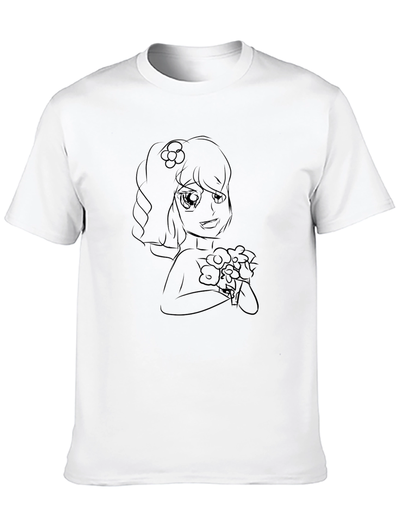 Black T-Shirt with Floral Anime Girl Design