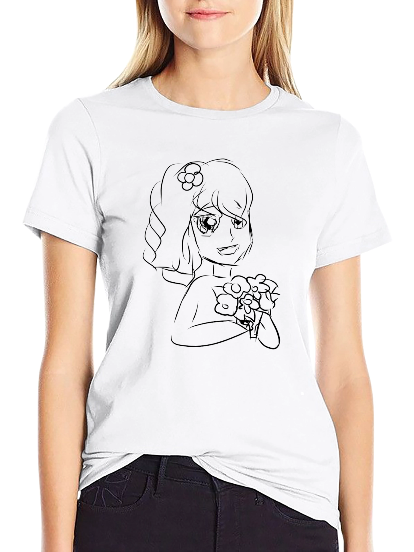 Black T-Shirt with Floral Anime Girl Design
