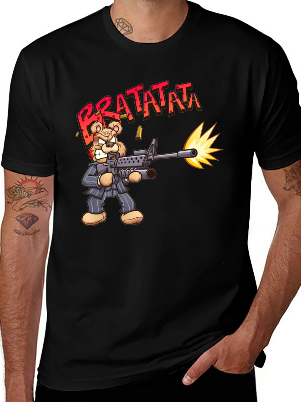 Cartoon Bear Bratatata Graphic Black T-Shirt