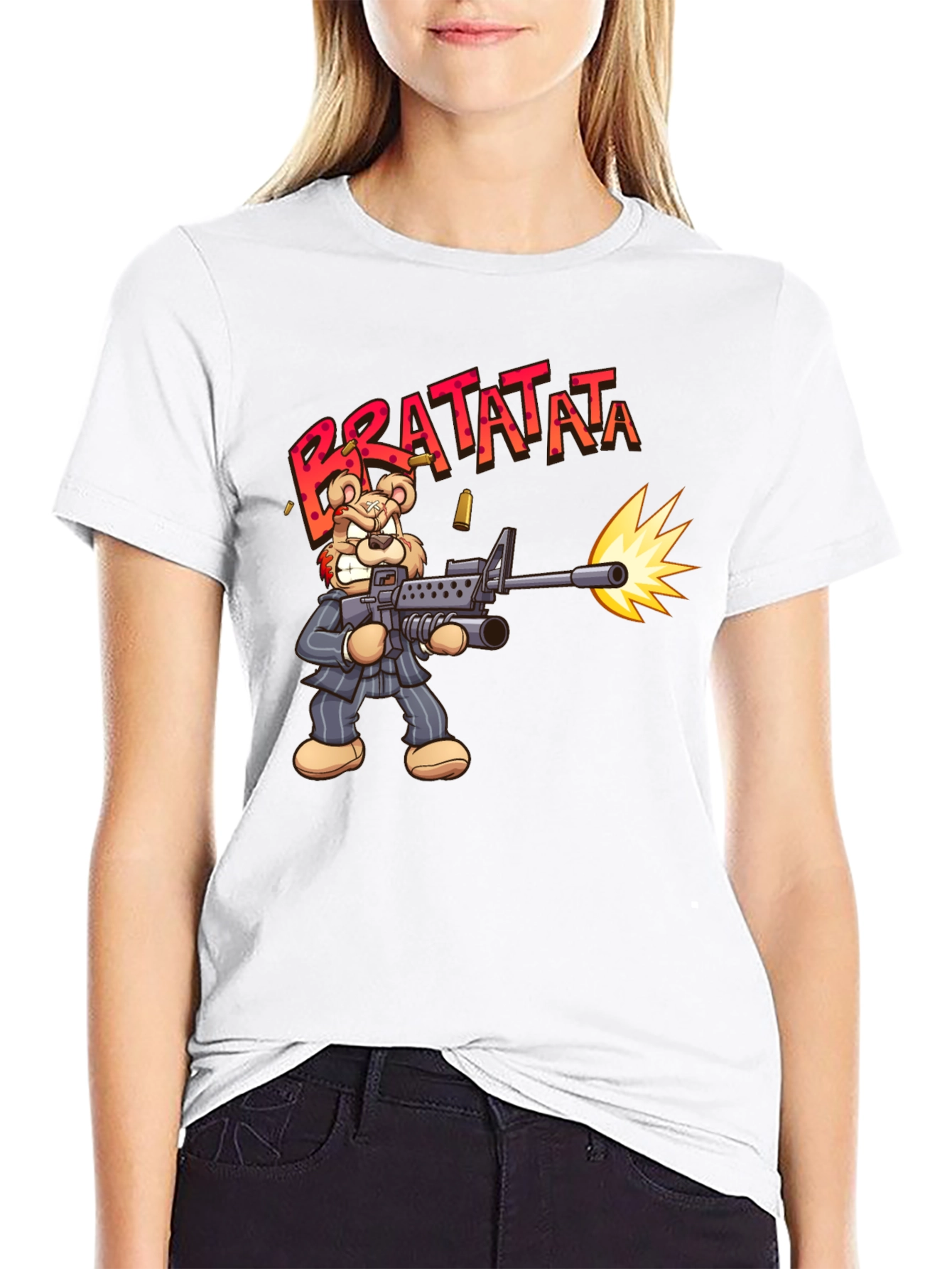 Cartoon Bear Bratatata Graphic Black T-Shirt