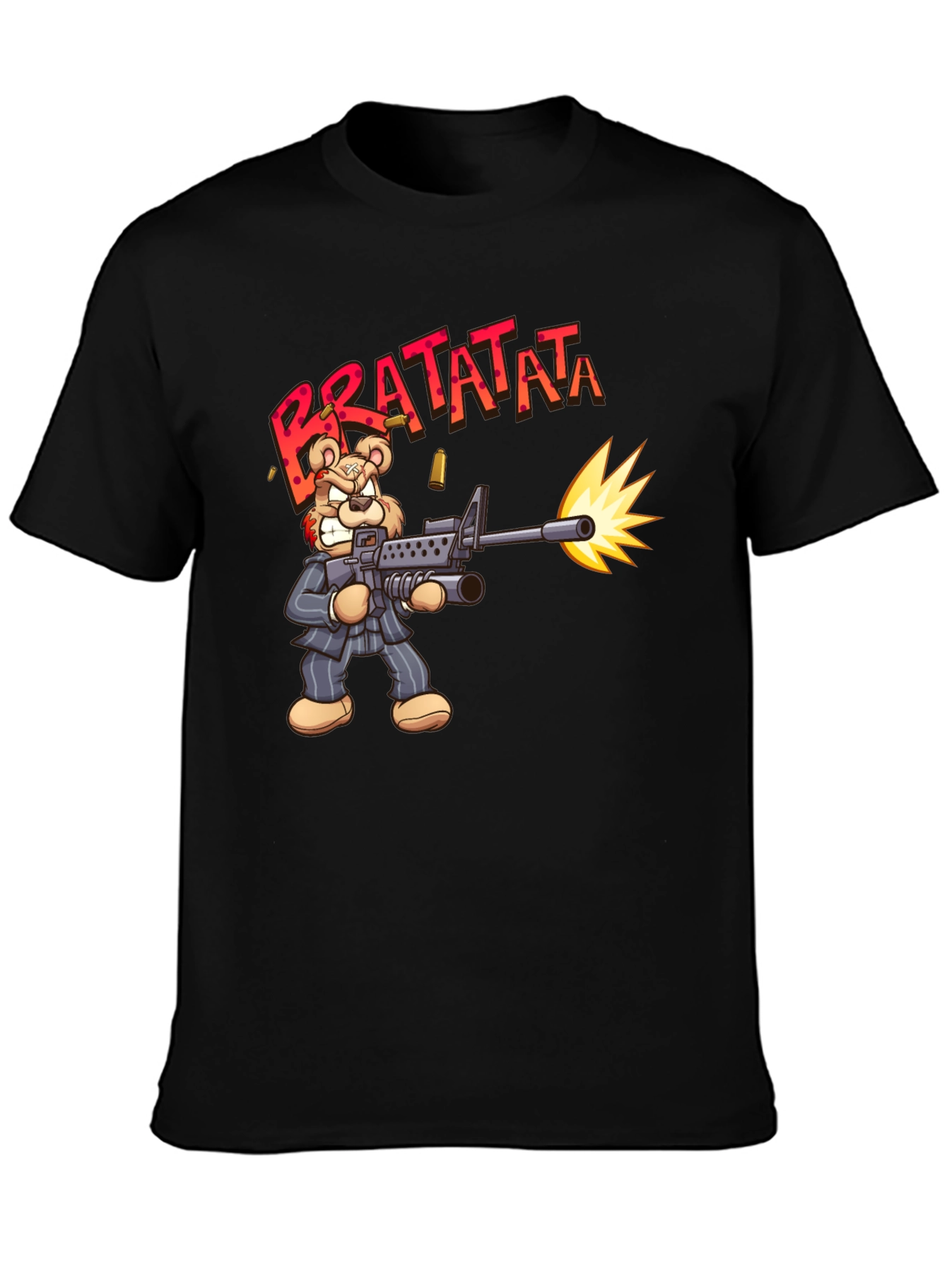 Cartoon Bear Bratatata Graphic Black T-Shirt