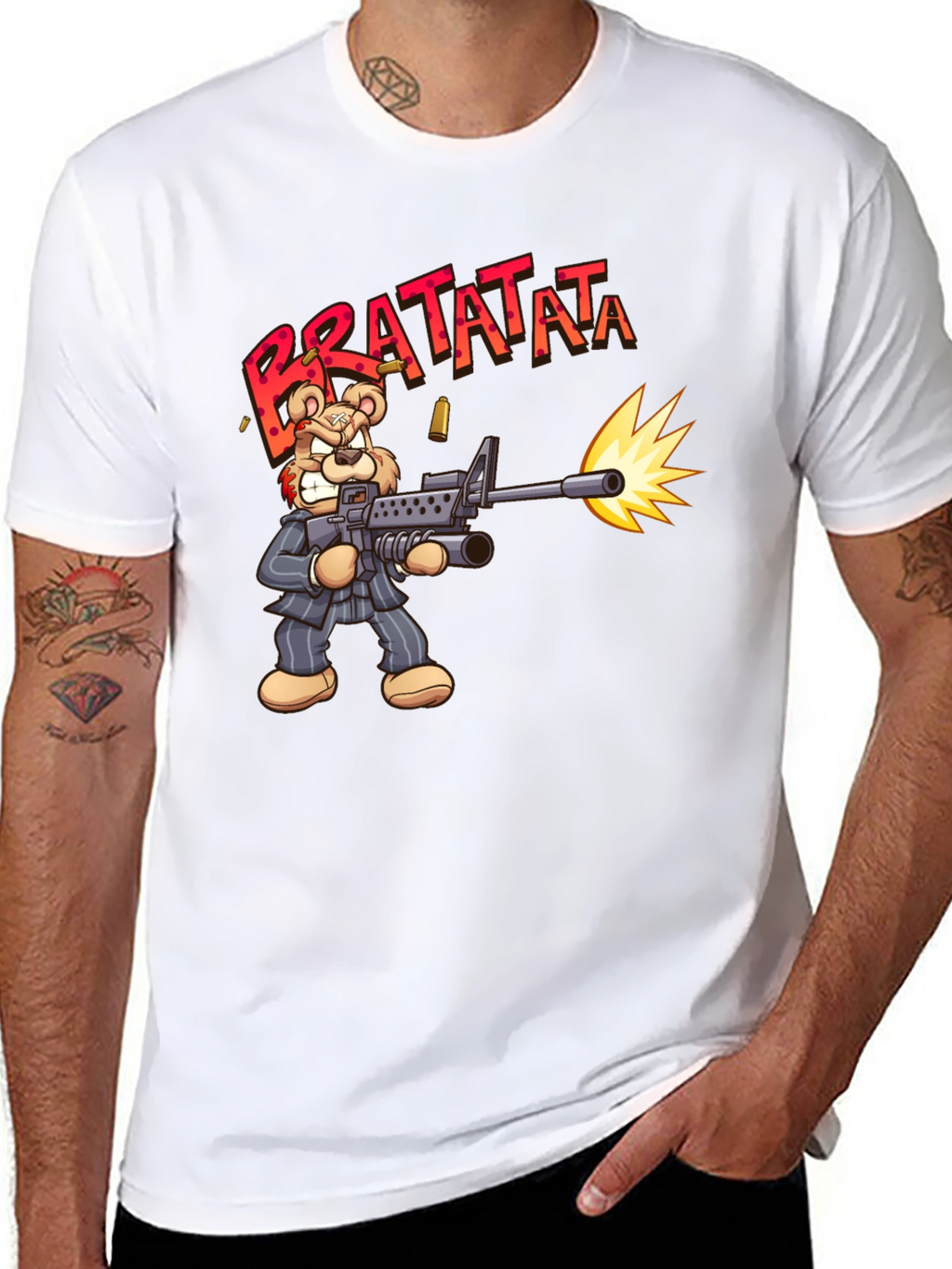 Cartoon Bear Bratatata Graphic Black T-Shirt