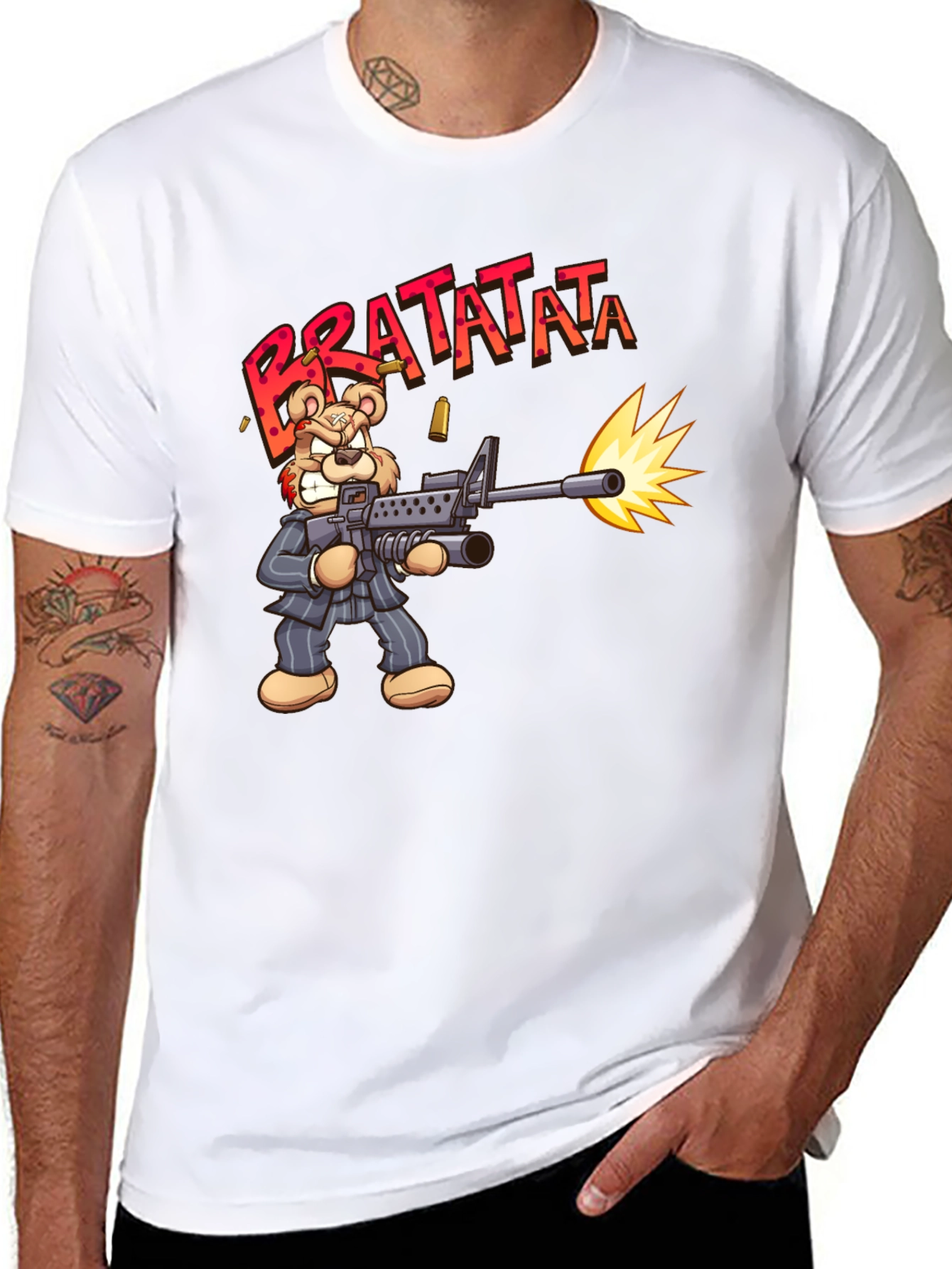 Cartoon Bear Bratatata Graphic Black T-Shirt