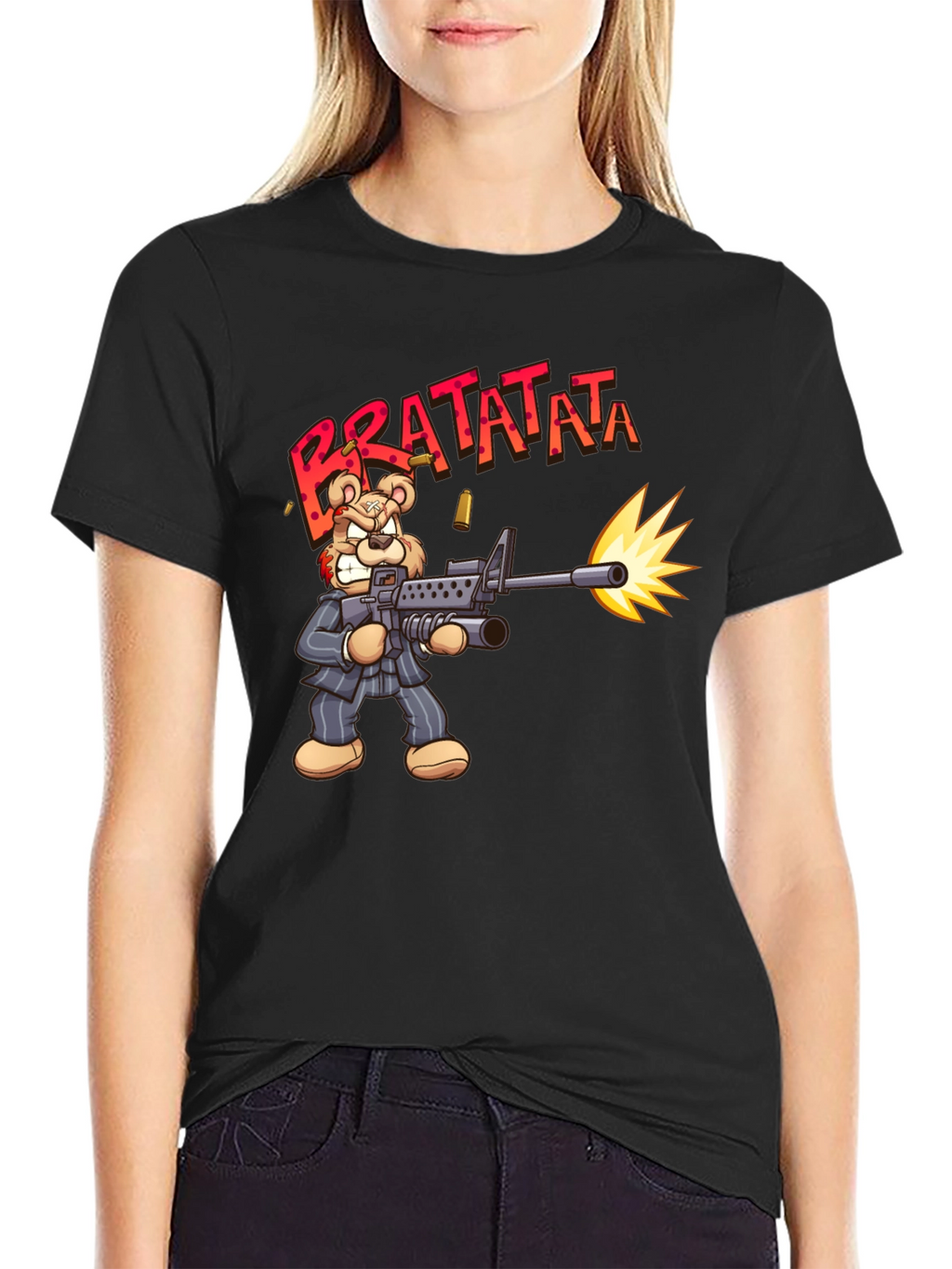 Cartoon Bear Bratatata Graphic Black T-Shirt