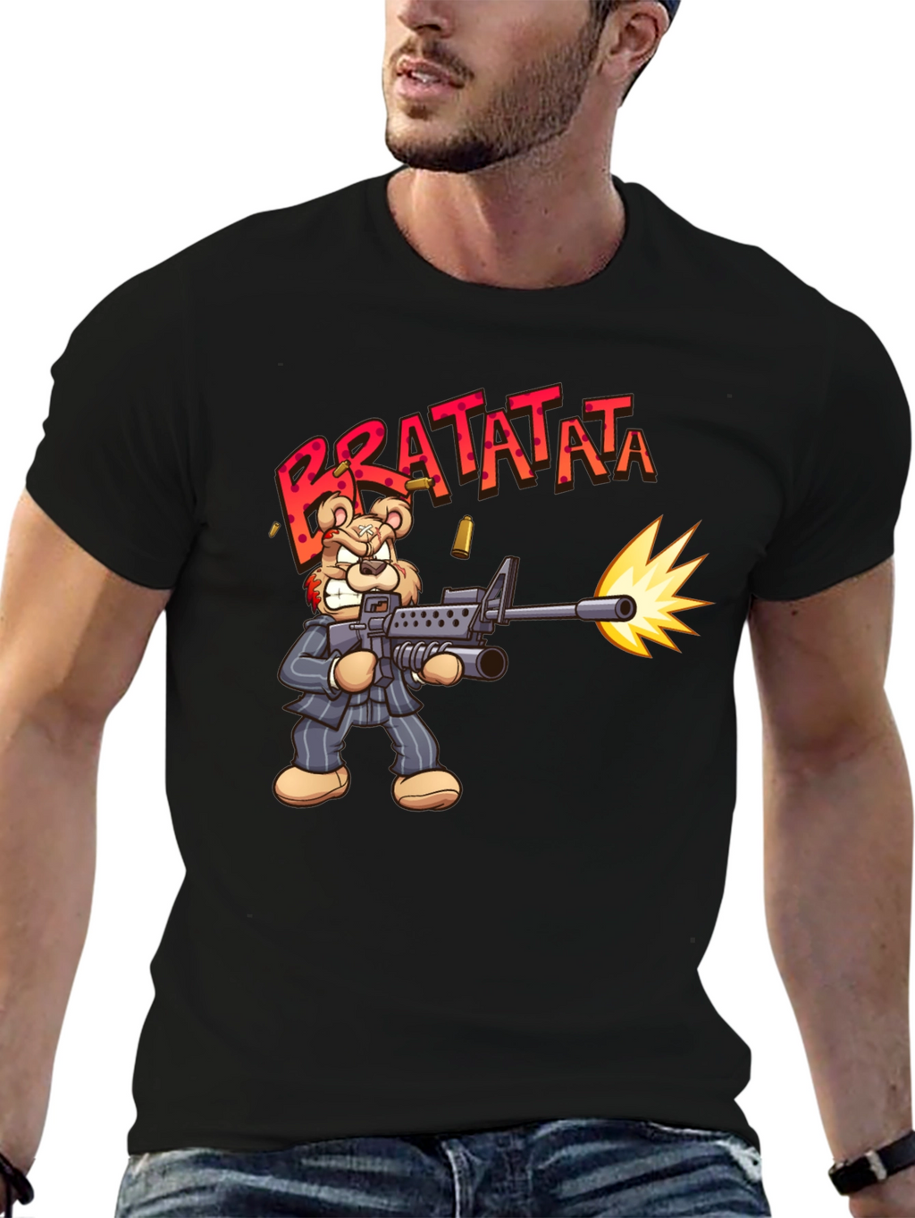 Cartoon Bear Bratatata Graphic Black T-Shirt