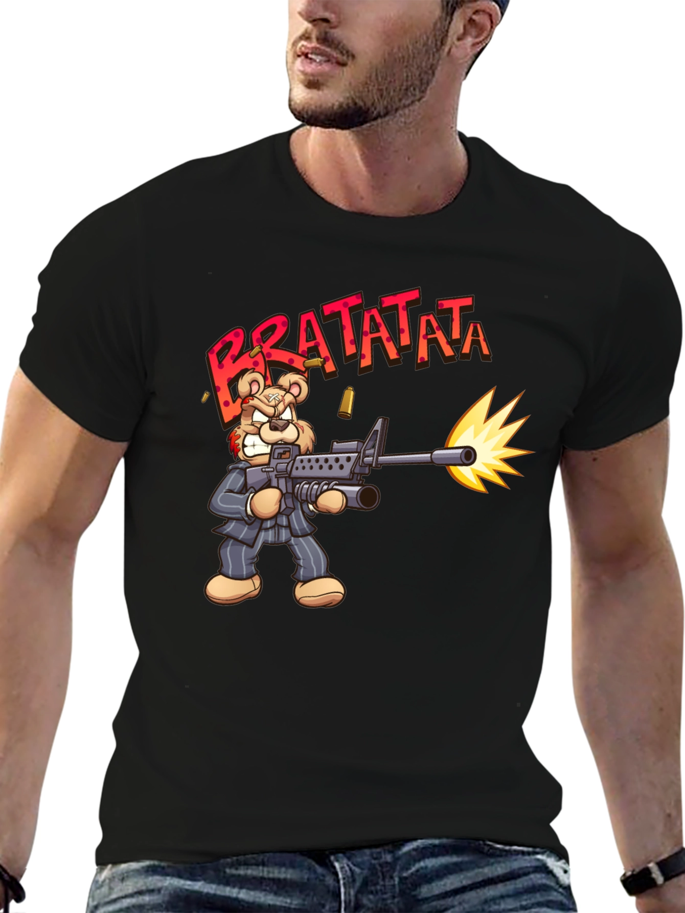 Cartoon Bear Bratatata Graphic Black T-Shirt
