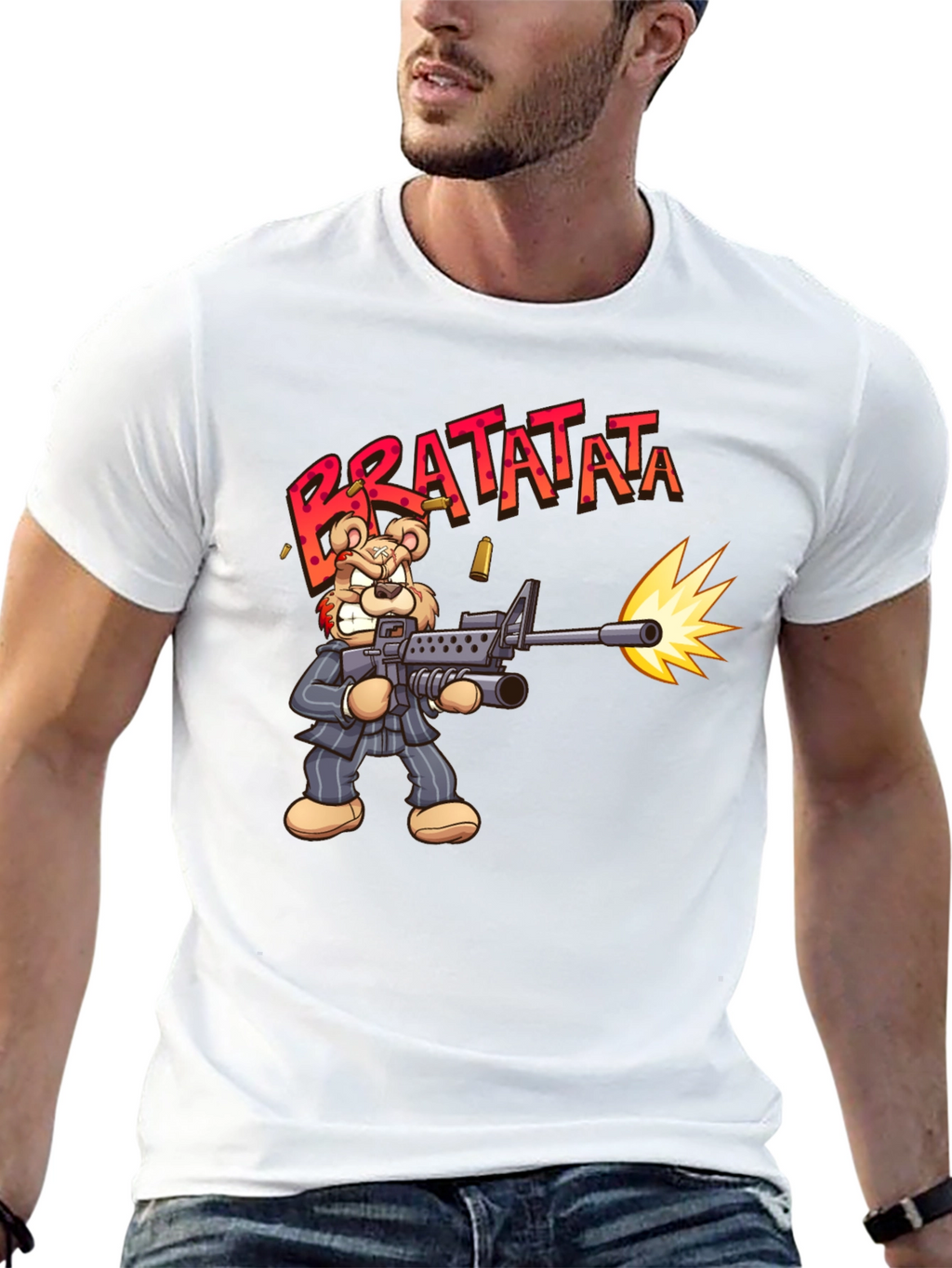 Cartoon Bear Bratatata Graphic Black T-Shirt