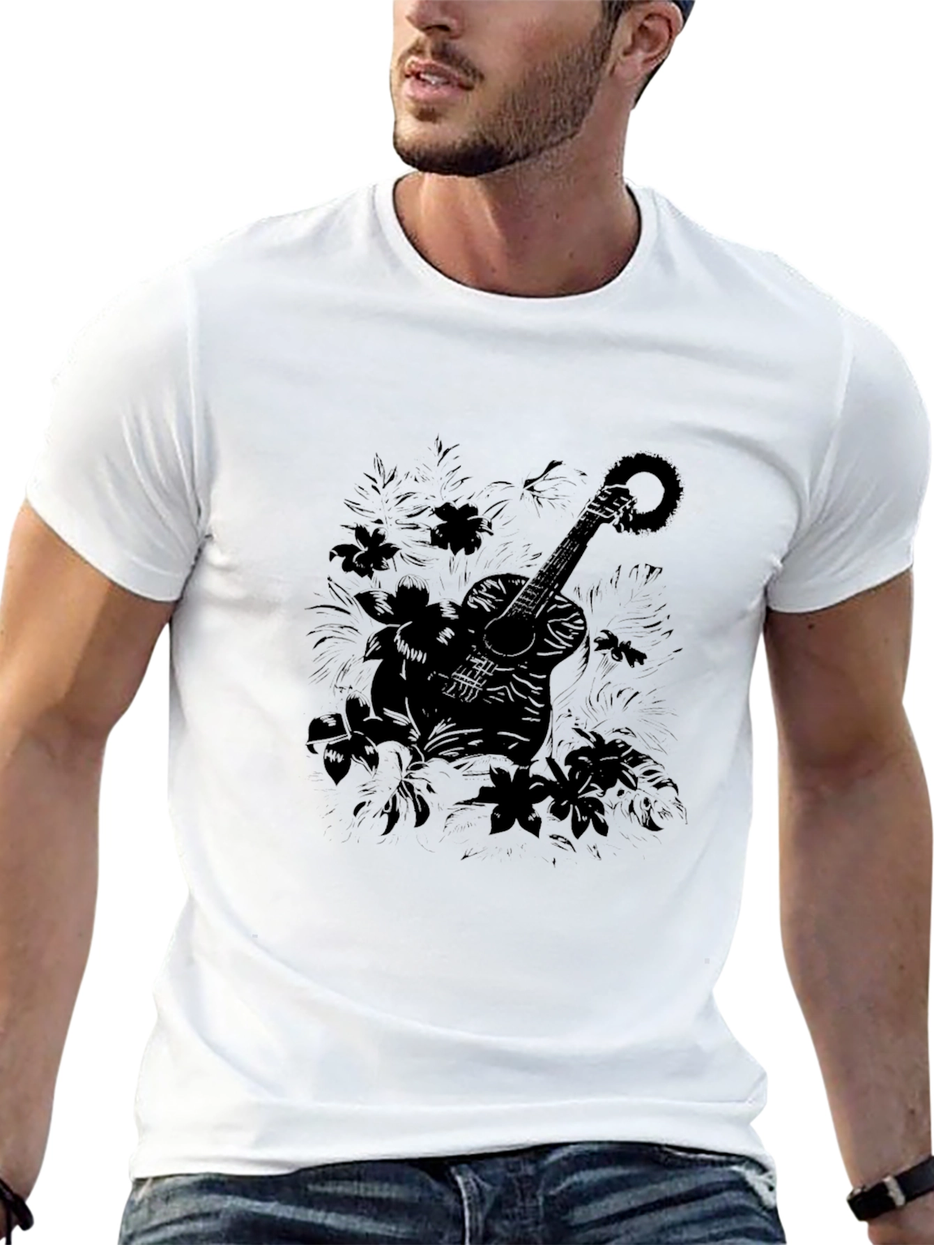 Guitar Floral Black Graphic Tee