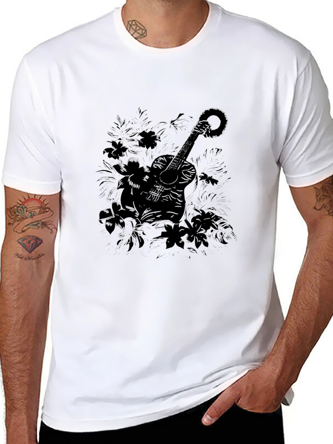 Guitar Floral Black Graphic Tee