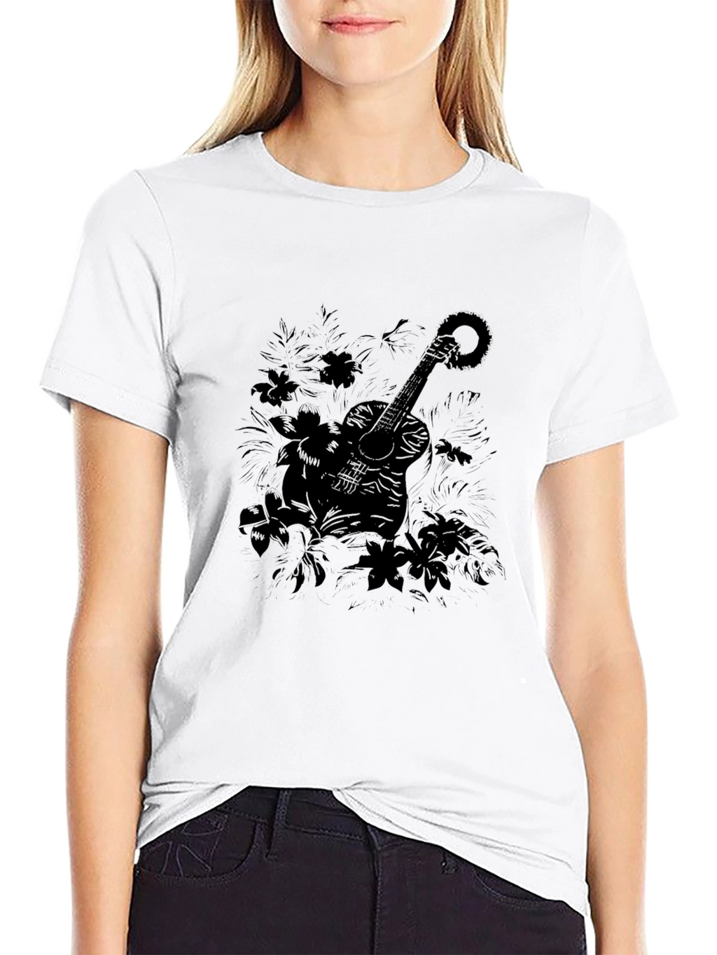 Guitar Floral Black Graphic Tee
