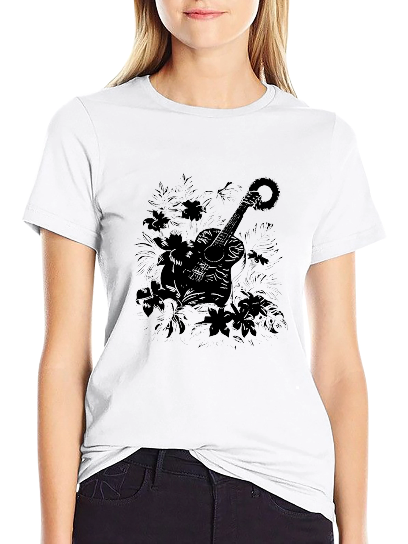Guitar Floral Black Graphic Tee