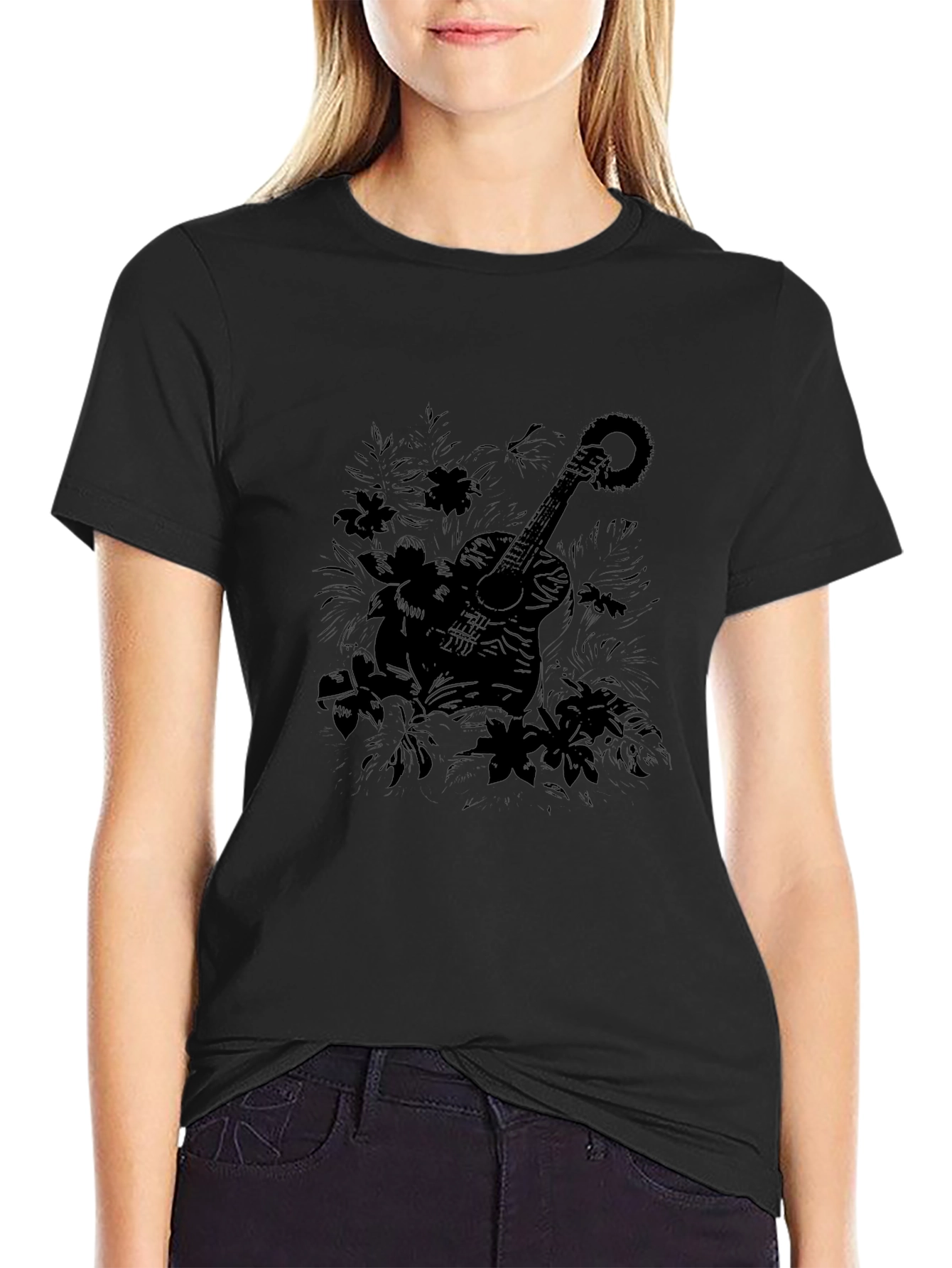 Guitar Floral Black Graphic Tee