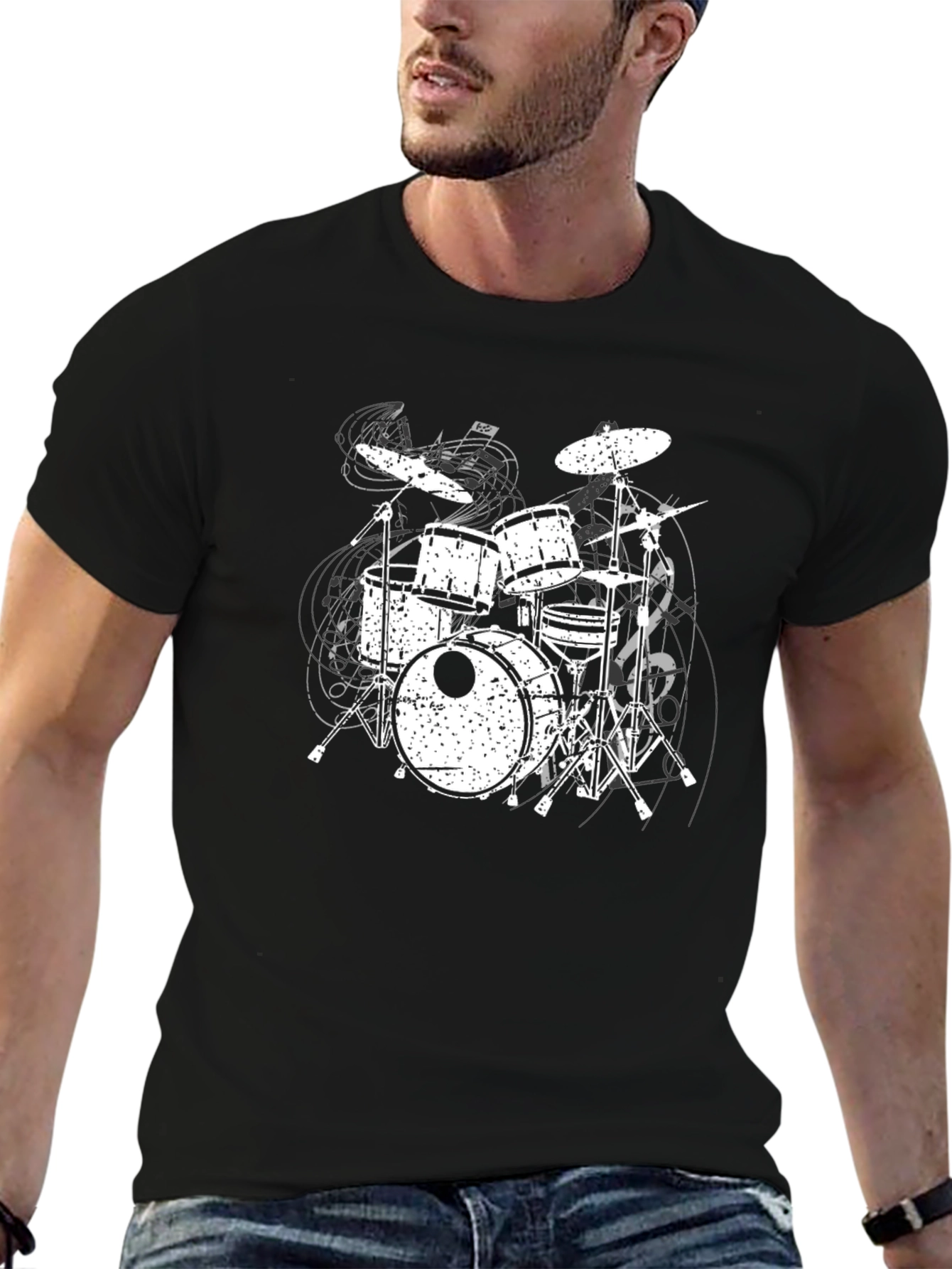 Drum Set Graphic Tee - Black Cotton Music Shirt
