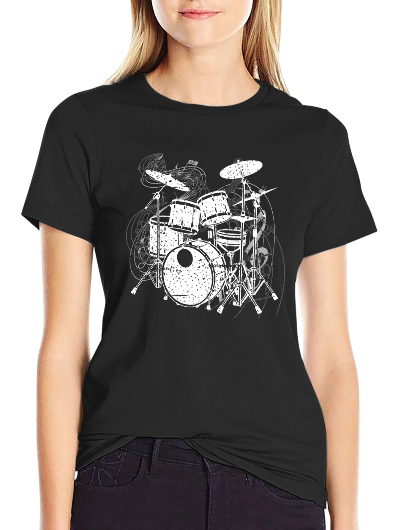 Drum Set Graphic Tee - Black Cotton Music Shirt