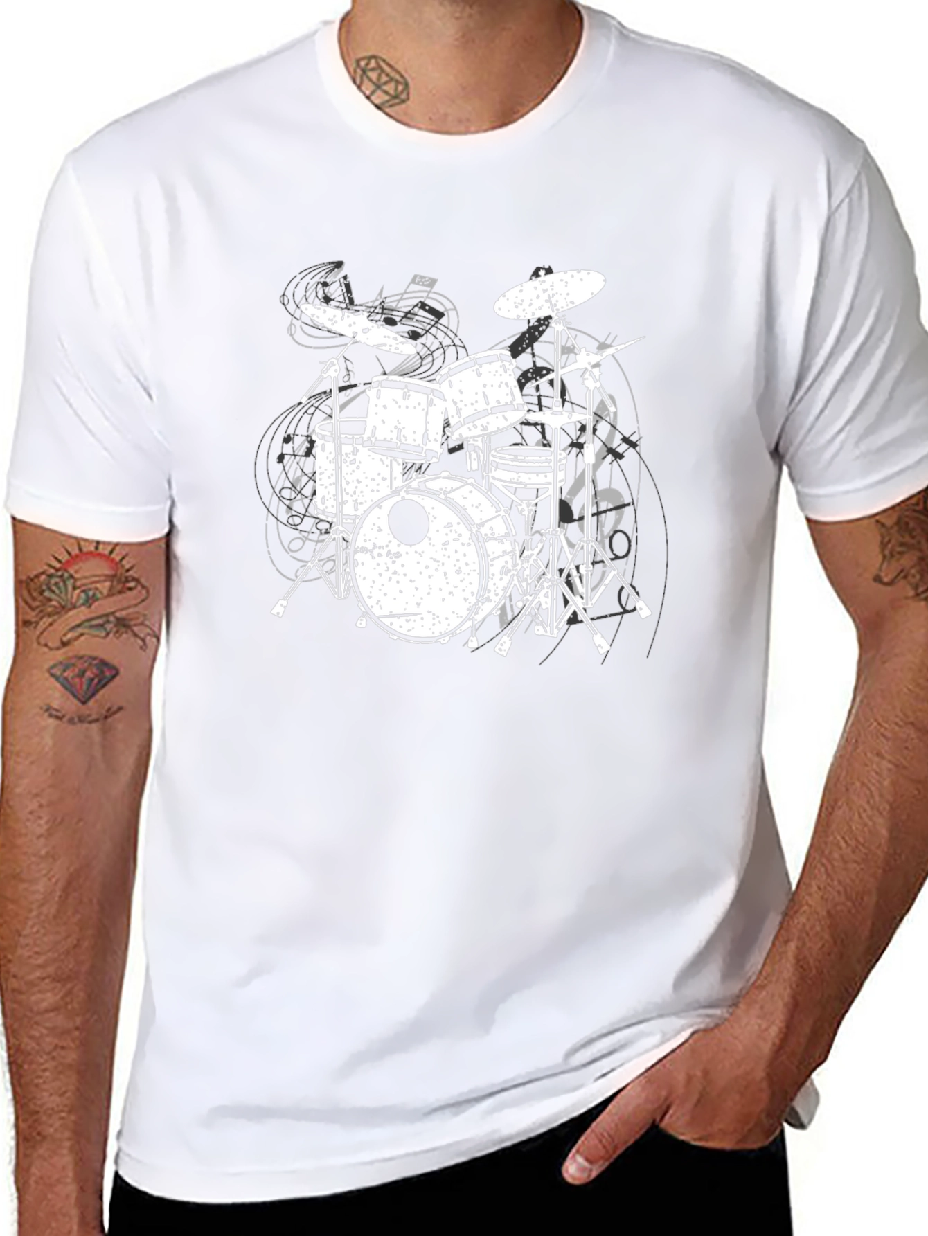 Drum Set Graphic Tee - Black Cotton Music Shirt