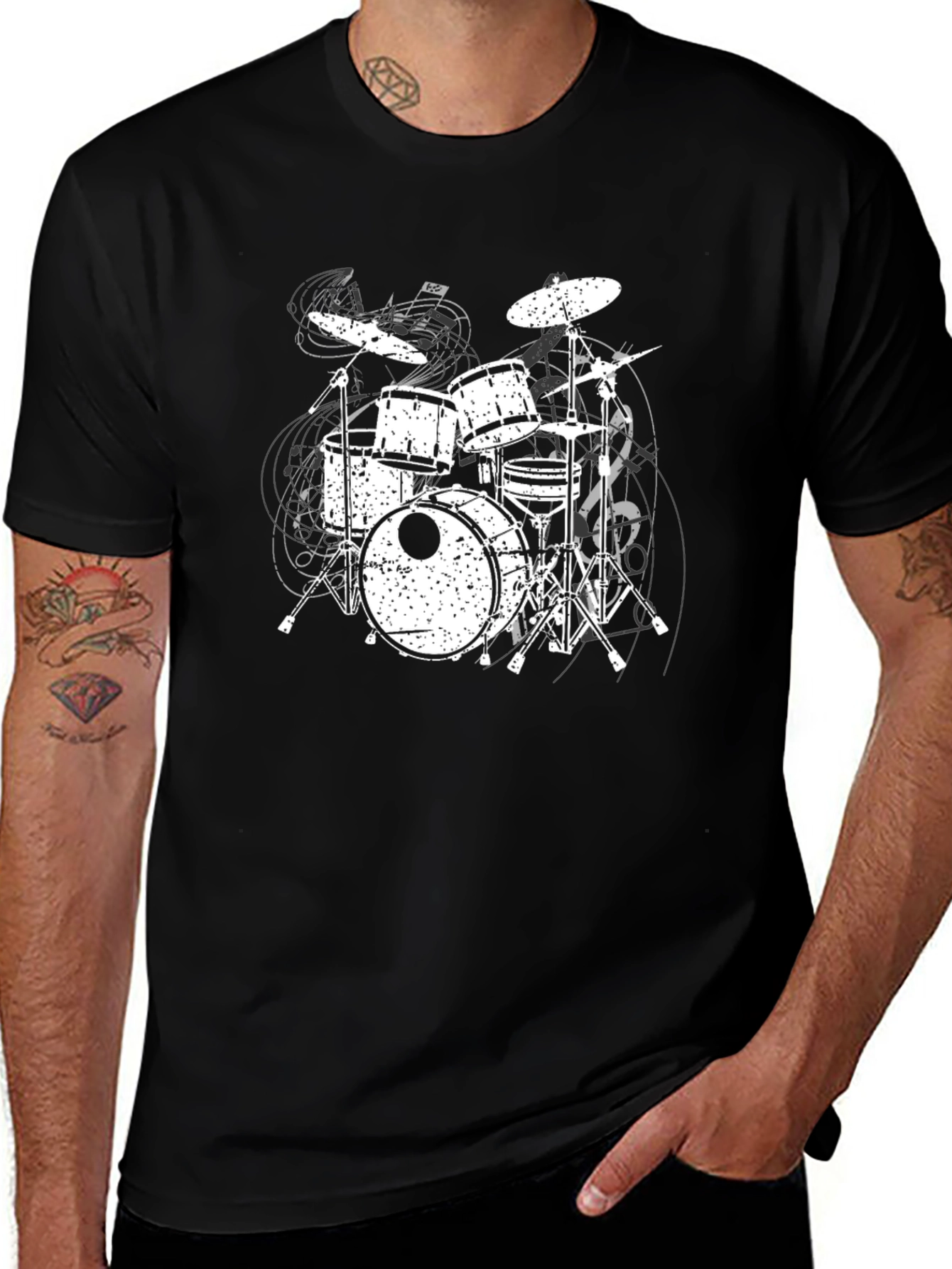 Drum Set Graphic Tee - Black Cotton Music Shirt