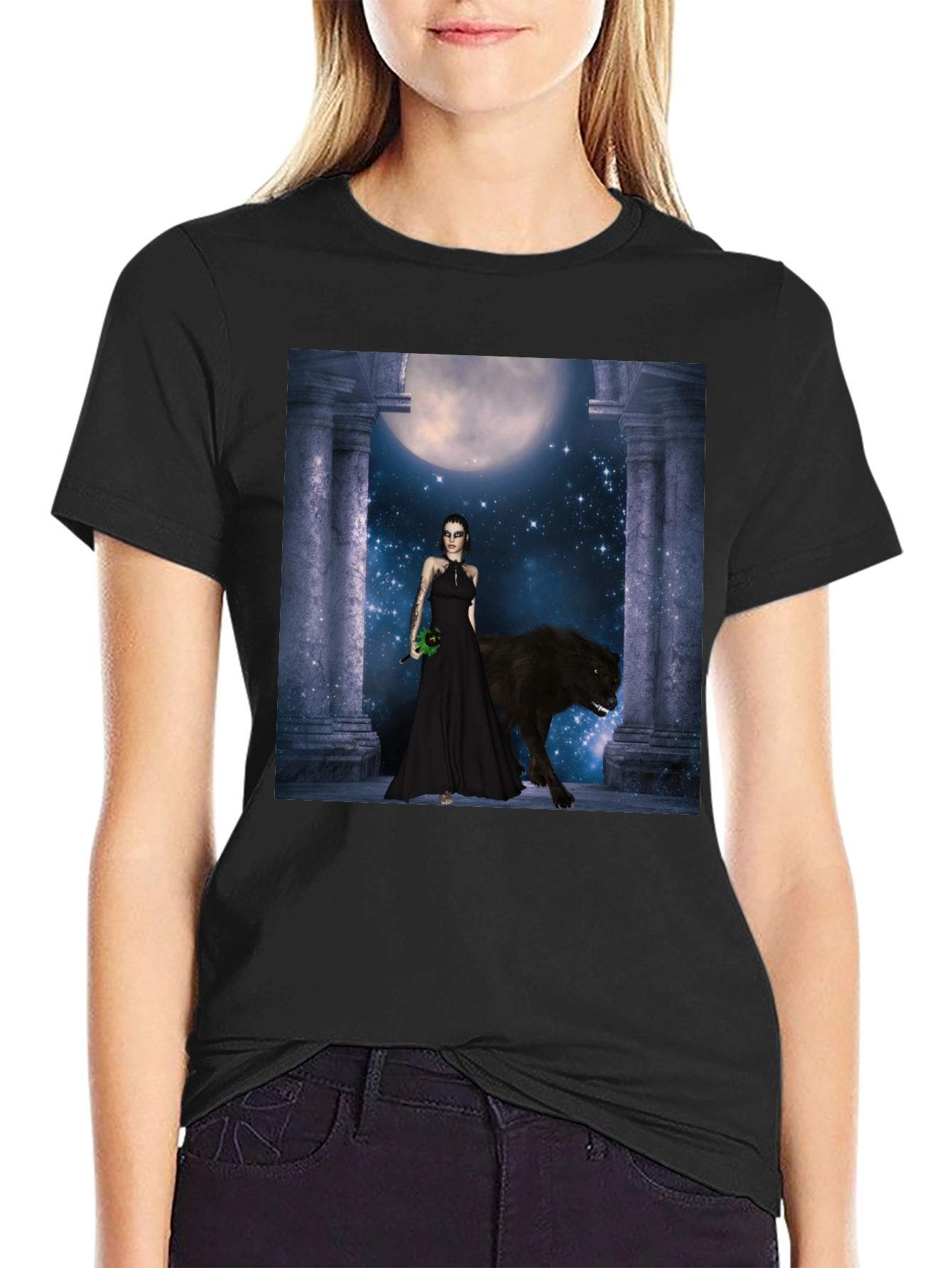 Wolf Moon Goddess Black T-Shirt
