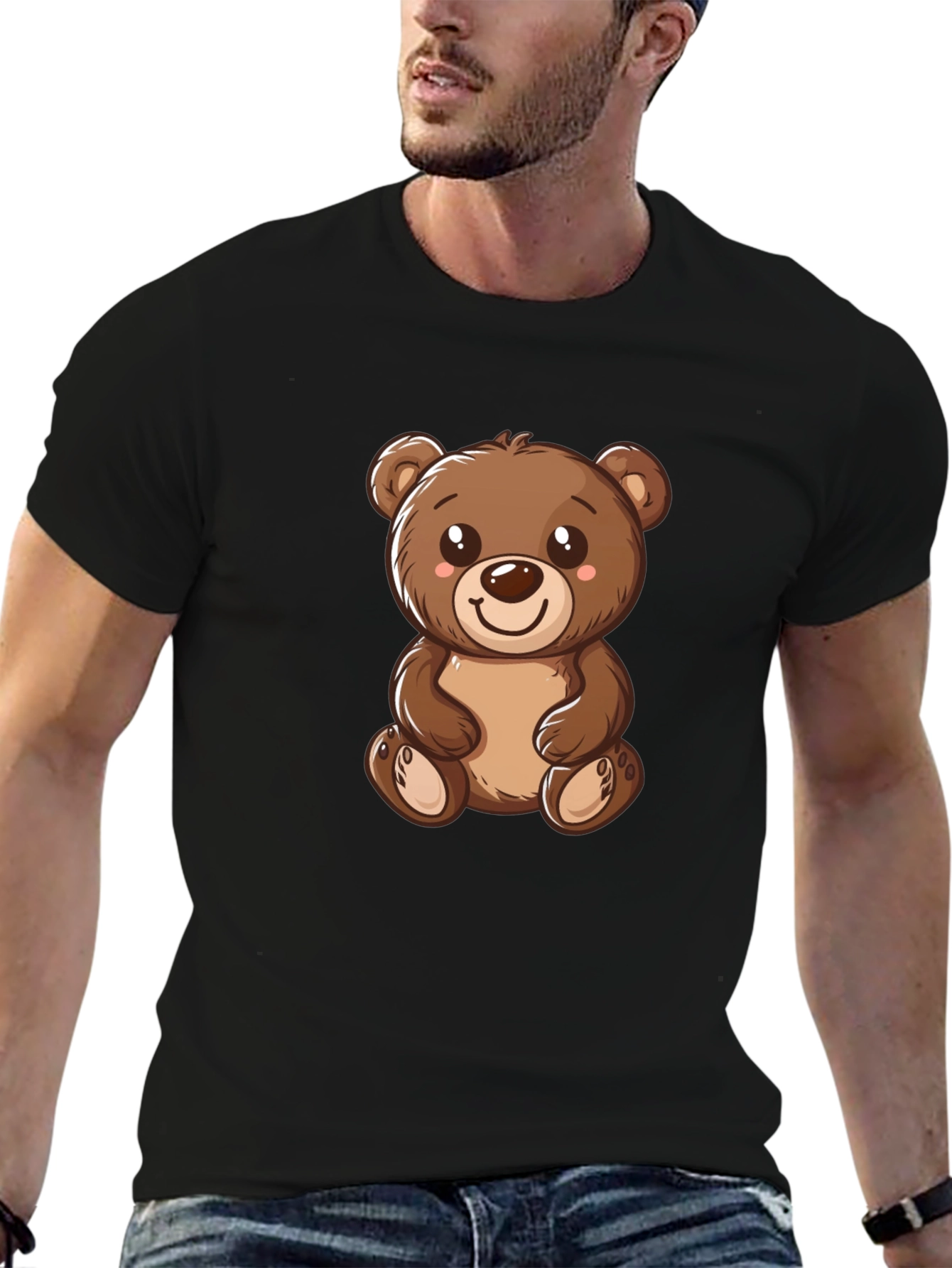 Cute Teddy Bear Graphic Tee - Black Cotton T-Shirt