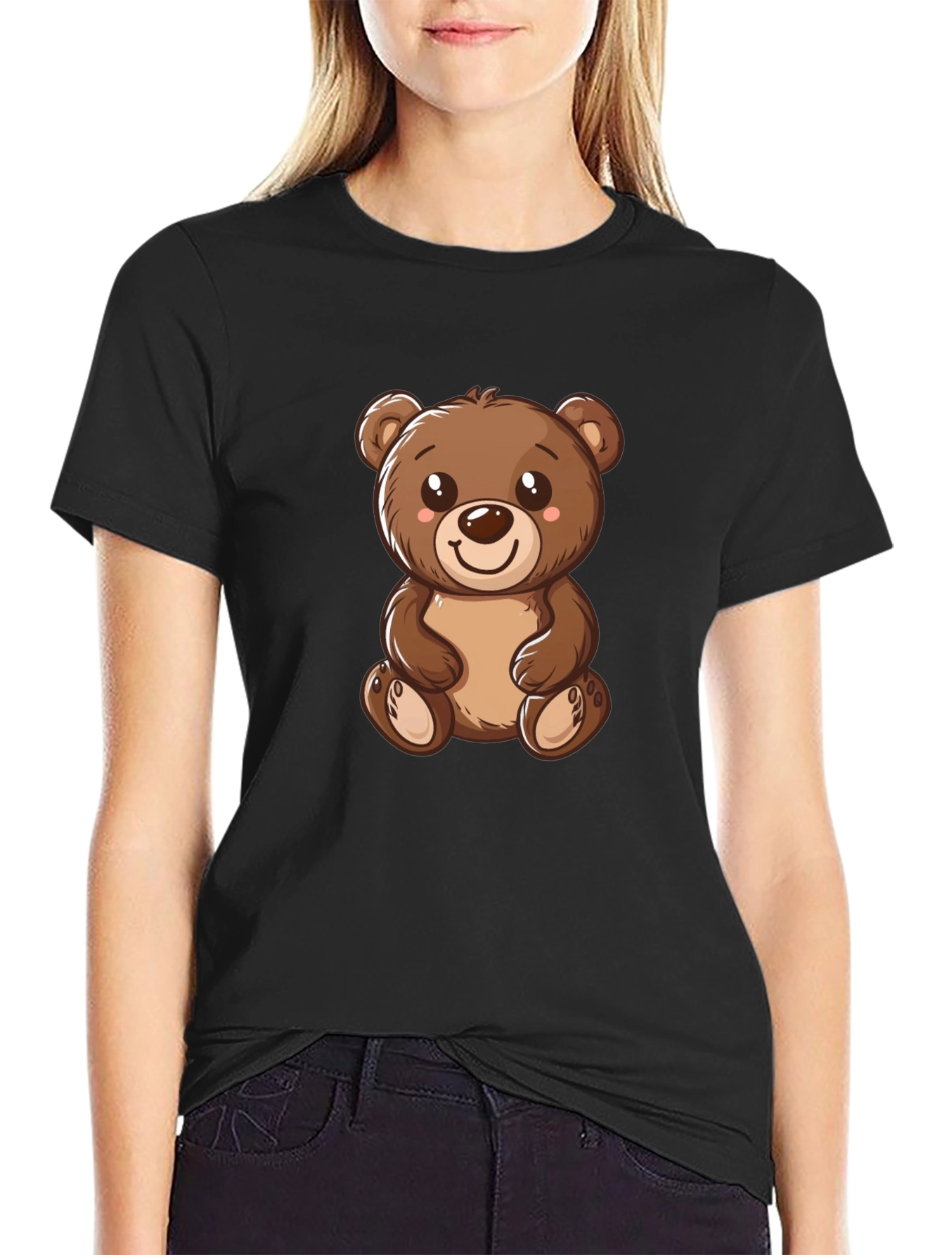 Cute Teddy Bear Graphic Tee - Black Cotton T-Shirt