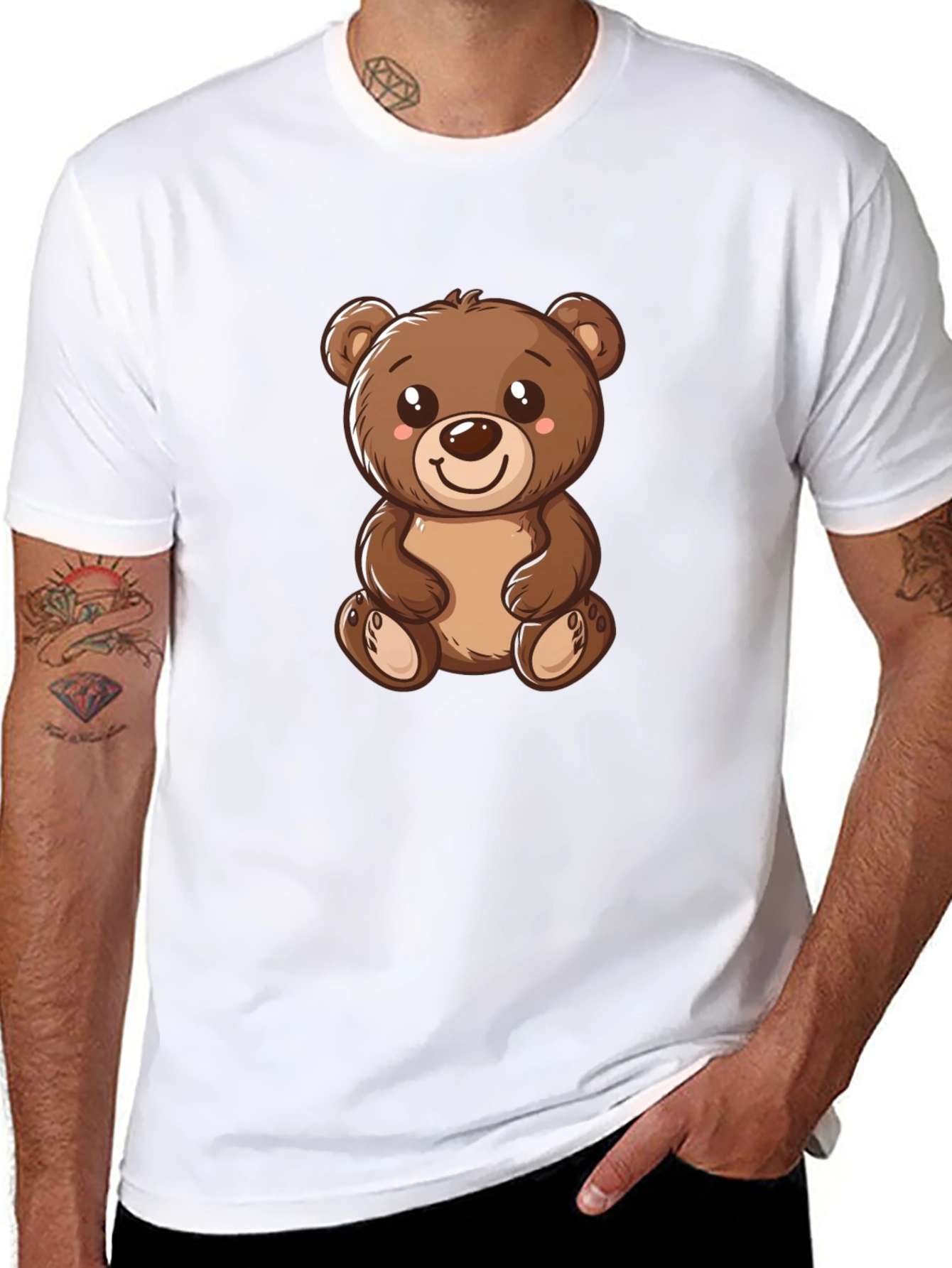 Cute Teddy Bear Graphic Tee - Black Cotton T-Shirt