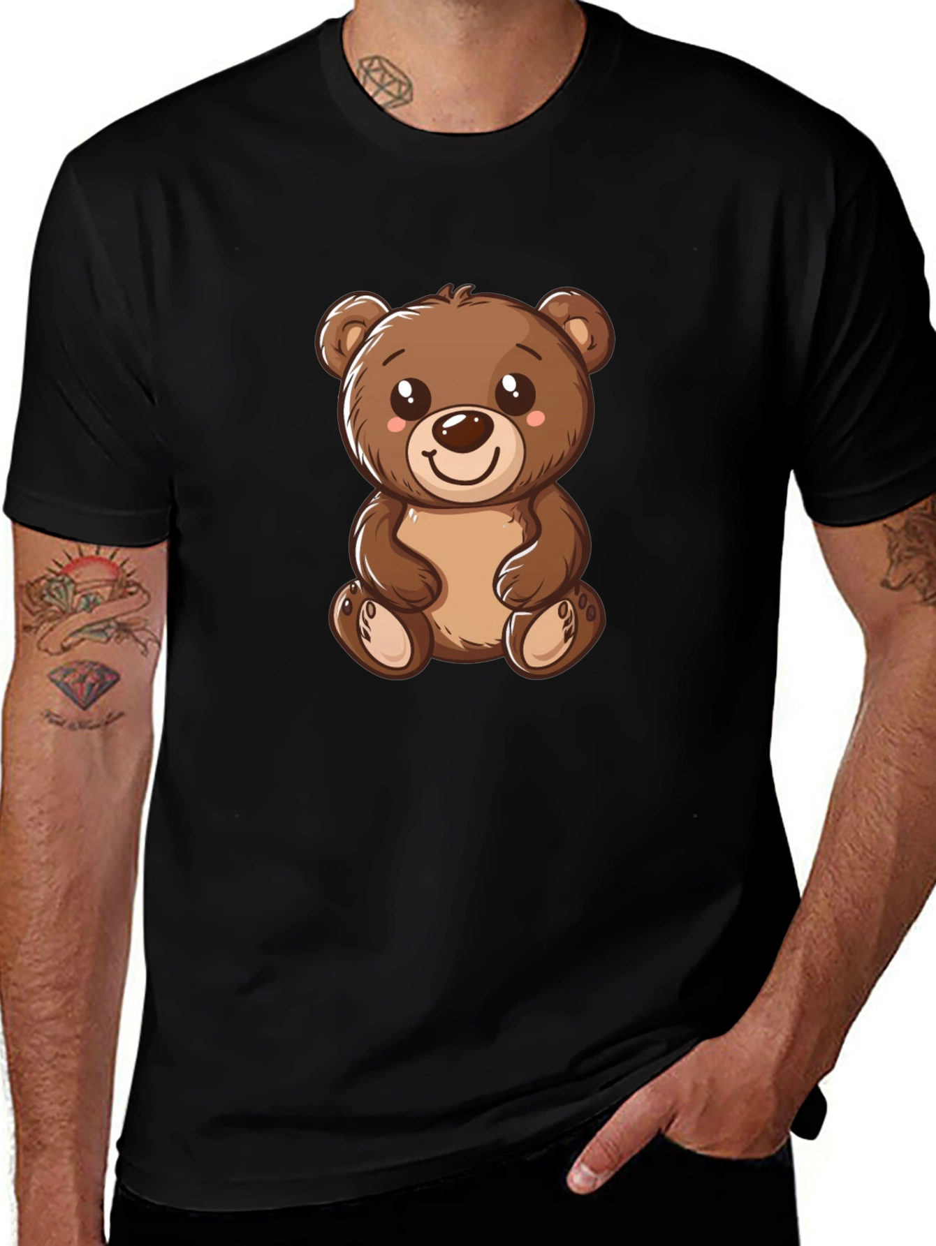 Cute Teddy Bear Graphic Tee - Black Cotton T-Shirt
