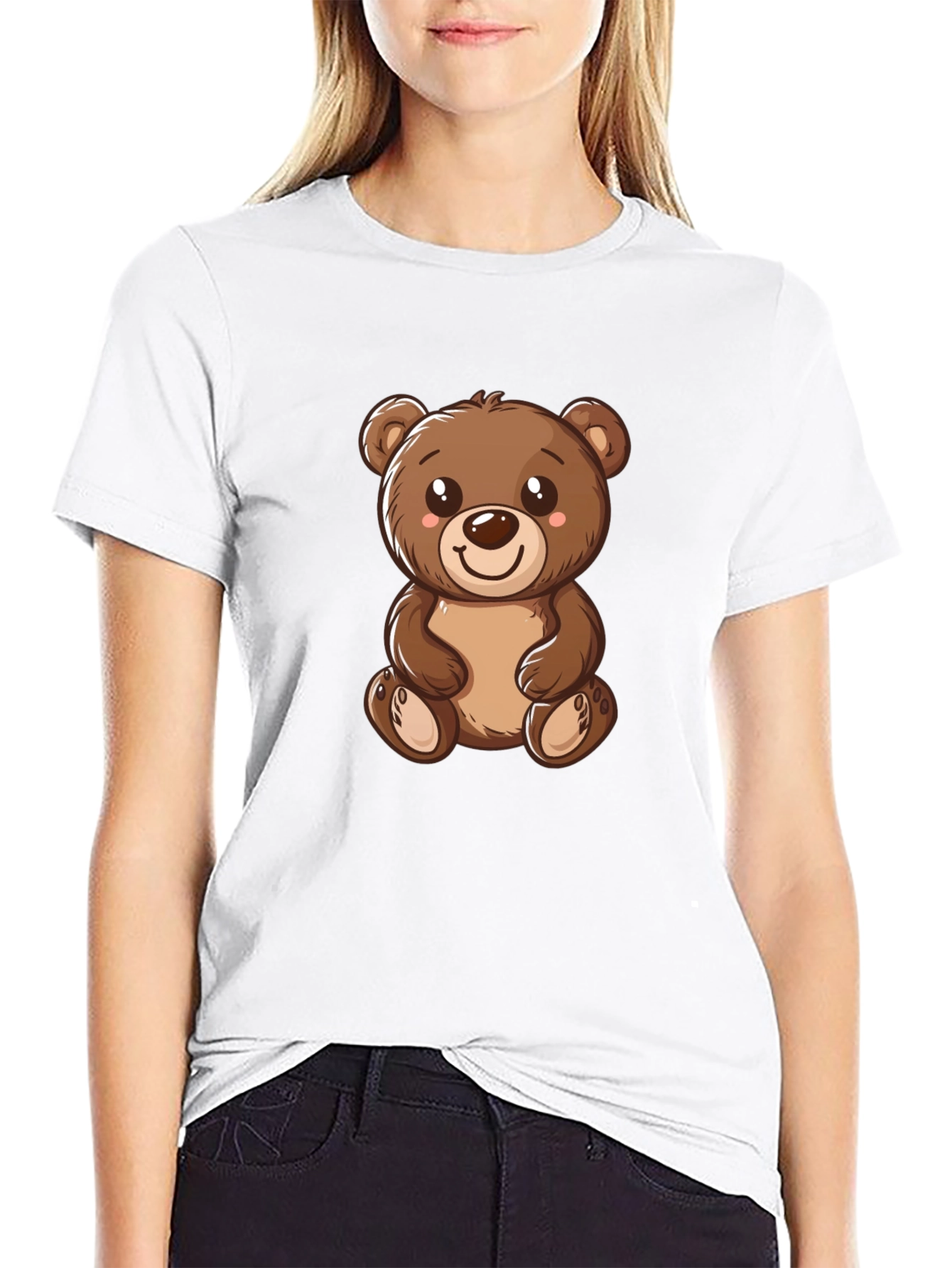 Cute Teddy Bear Graphic Tee - Black Cotton T-Shirt