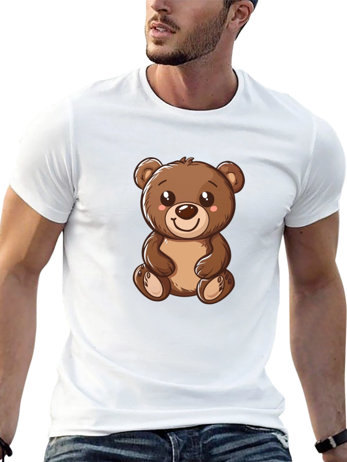 Cute Teddy Bear Graphic Tee - Black Cotton T-Shirt