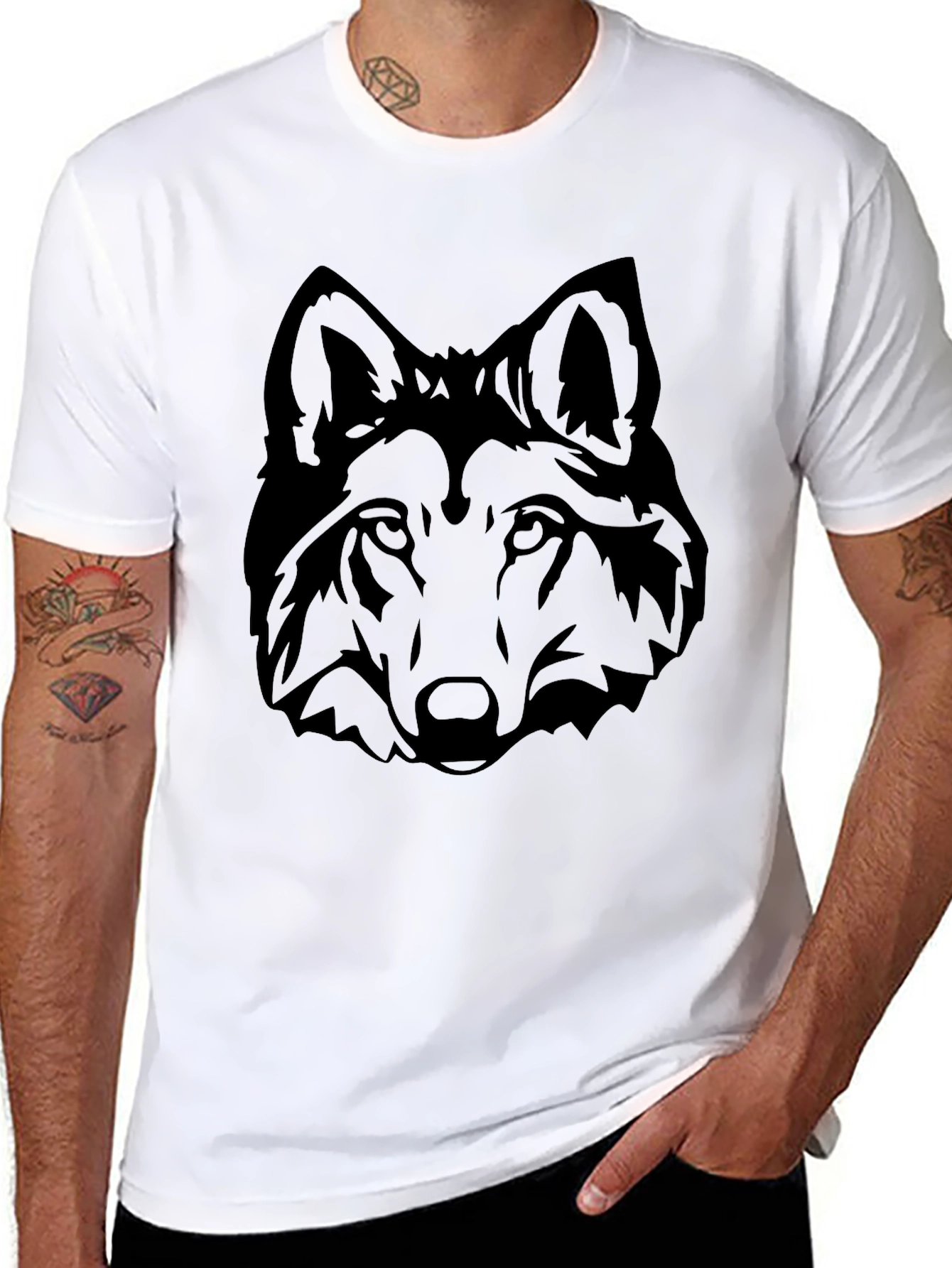Black Wolf Head Graphic Tee - Mens Short Sleeve Crew Neck T-Shirt