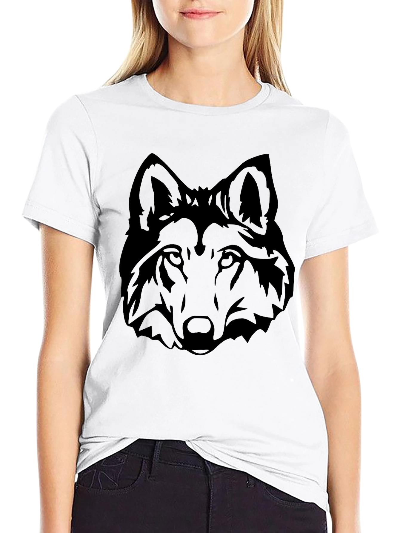Black Wolf Head Graphic Tee - Mens Short Sleeve Crew Neck T-Shirt