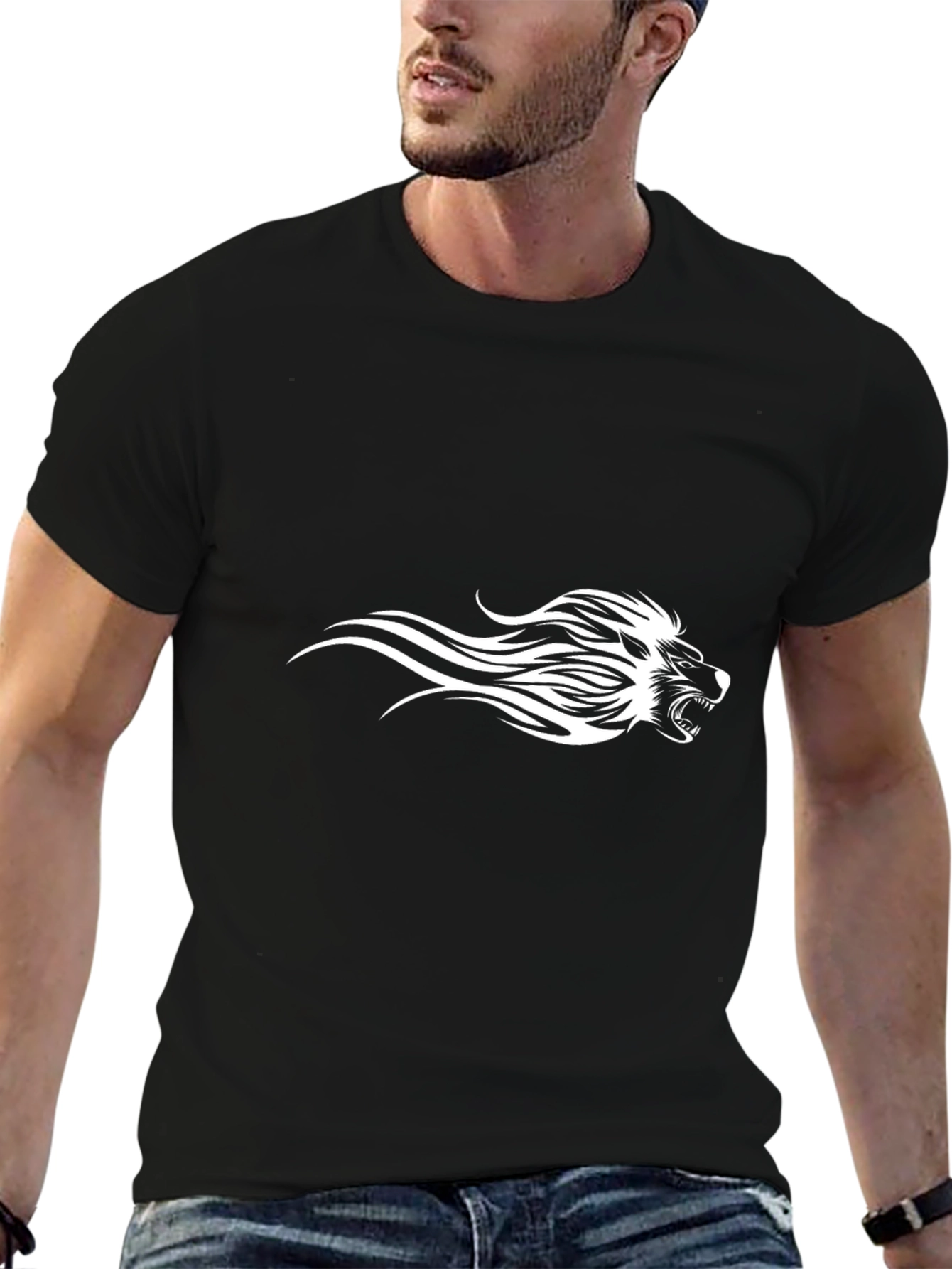 Black Tee with Fierce White Lion Design