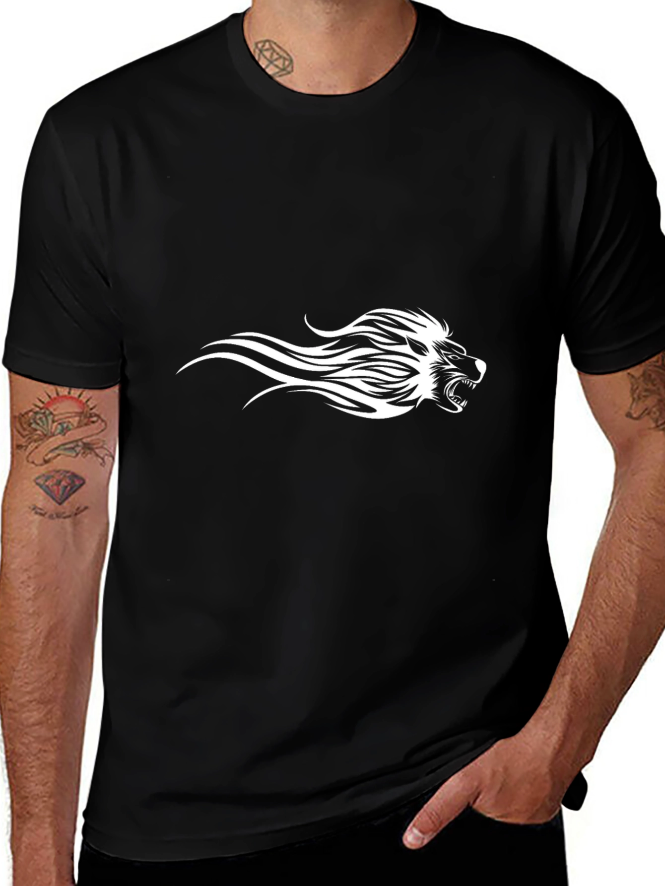 Black Tee with Fierce White Lion Design