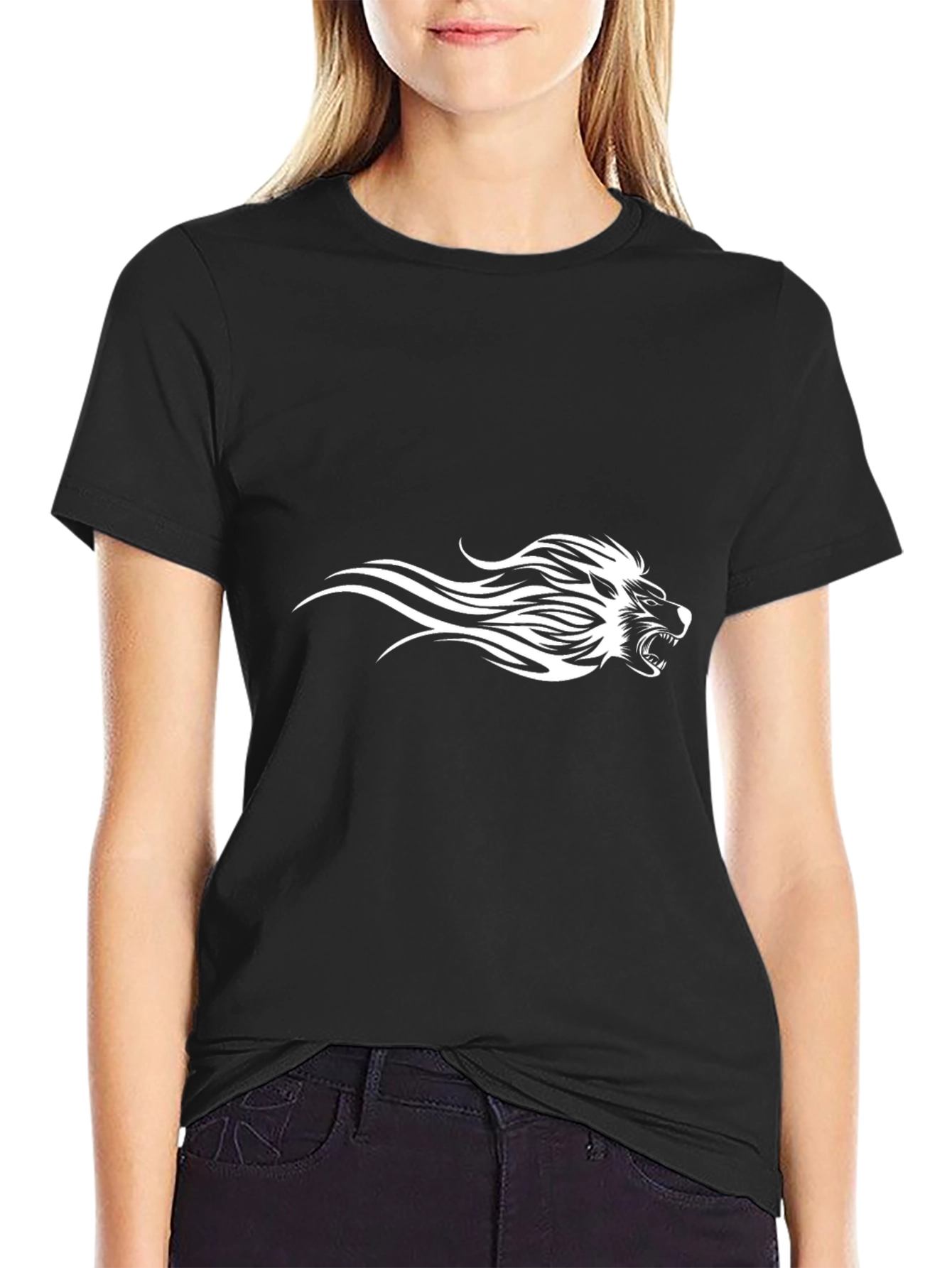Black Tee with Fierce White Lion Design