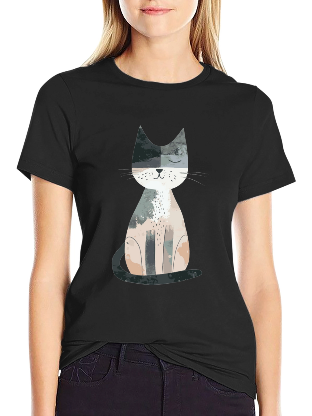 Cute Cat Graphic Print Crew Neck T-Shirt