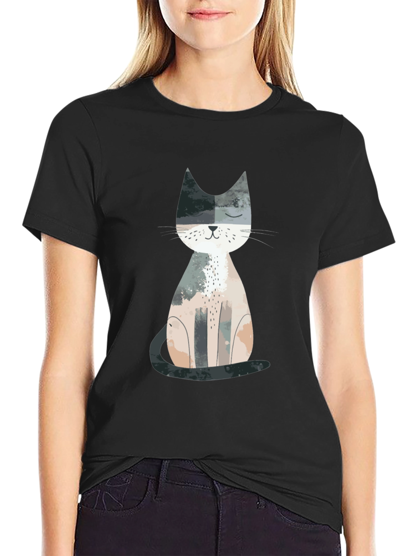 Cute Cat Graphic Print Crew Neck T-Shirt